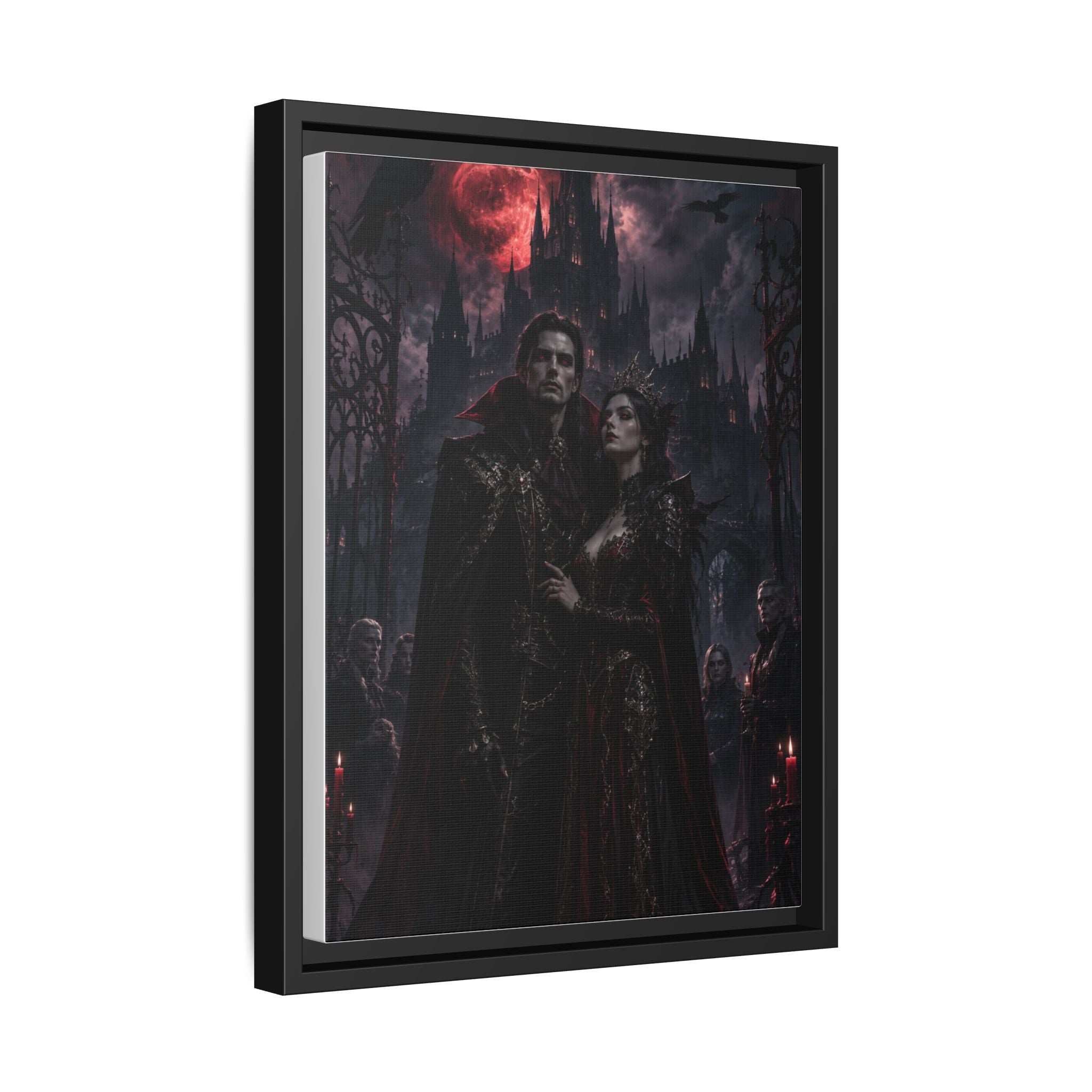 Vampire Couple Matte Framed Canvas Art – Gothic Red Moon Wall Decor