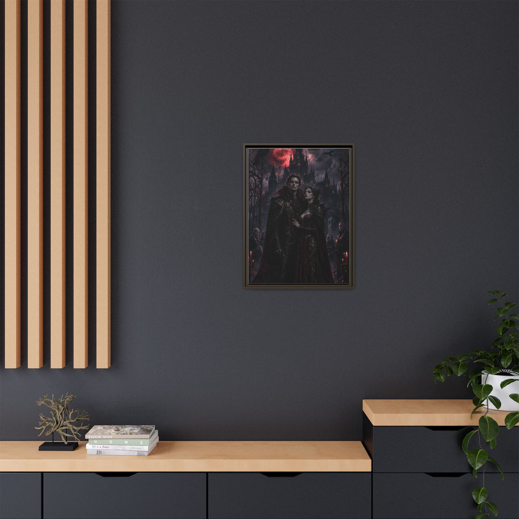 Vampire Couple Matte Framed Canvas Art – Gothic Red Moon Wall Decor