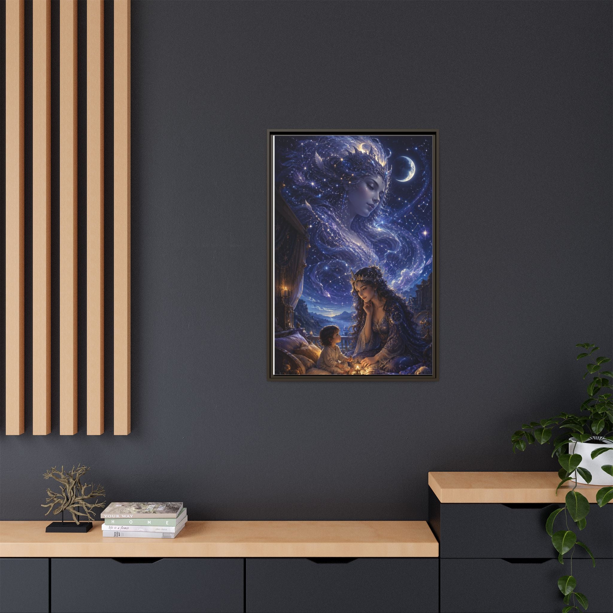 Framed Matte Canvas — Mystical Moon Mother & Child Nightscape Wall Art