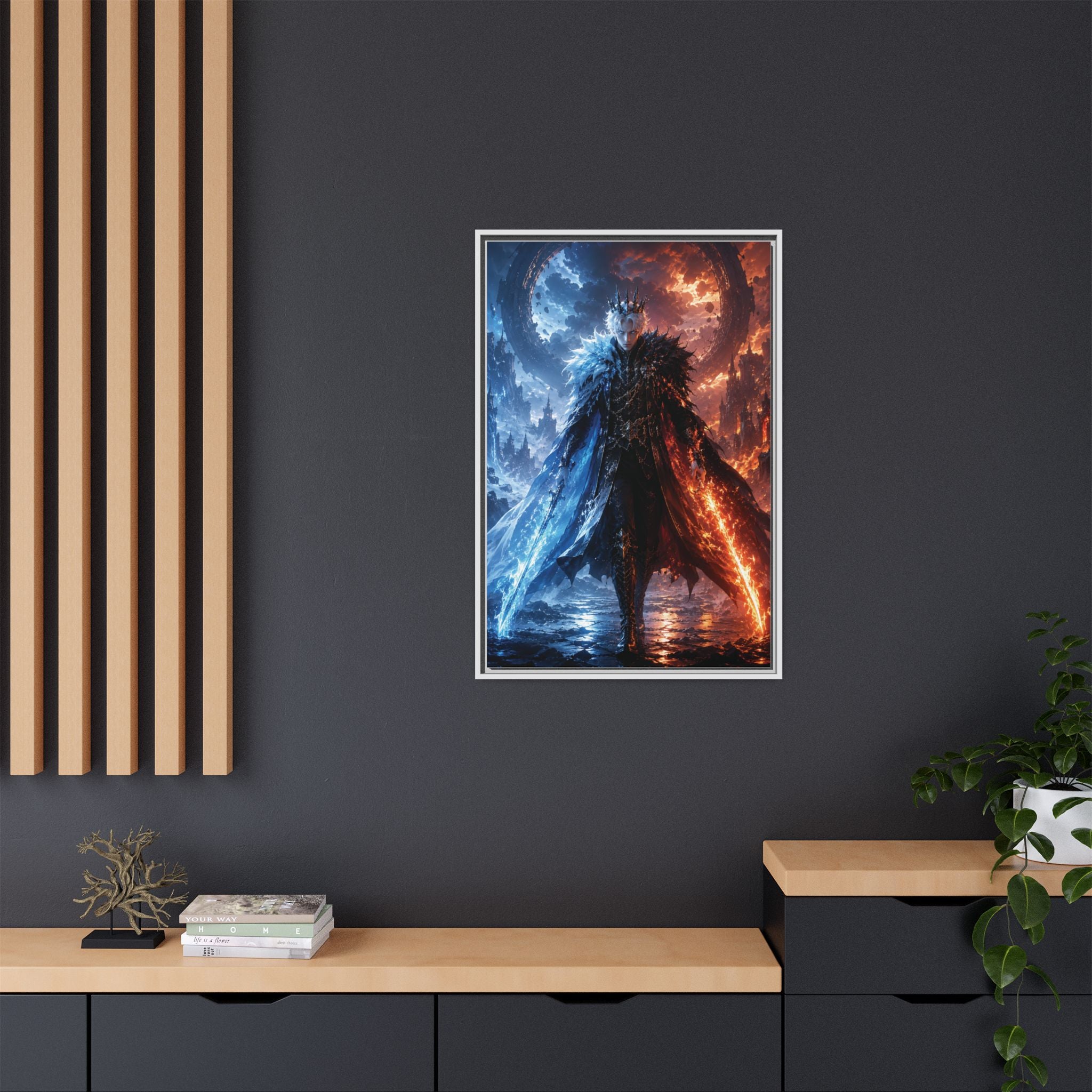 Framed Fantasy Canvas Print — Ice vs Fire Dark Knight Wall Art