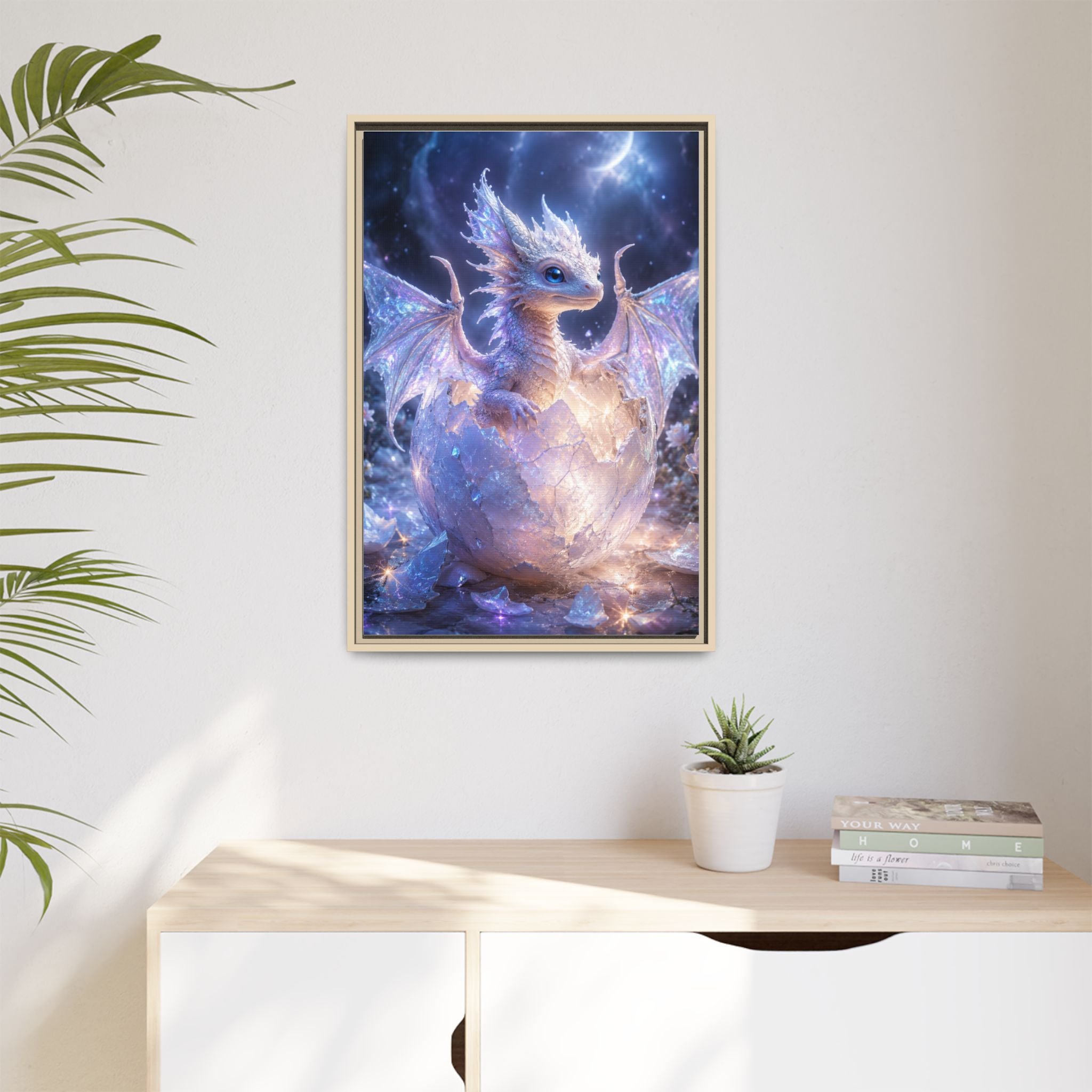 Framed Fantasy Dragon Canvas Print — Mystical Baby Dragon in Cracked Egg Wall Art