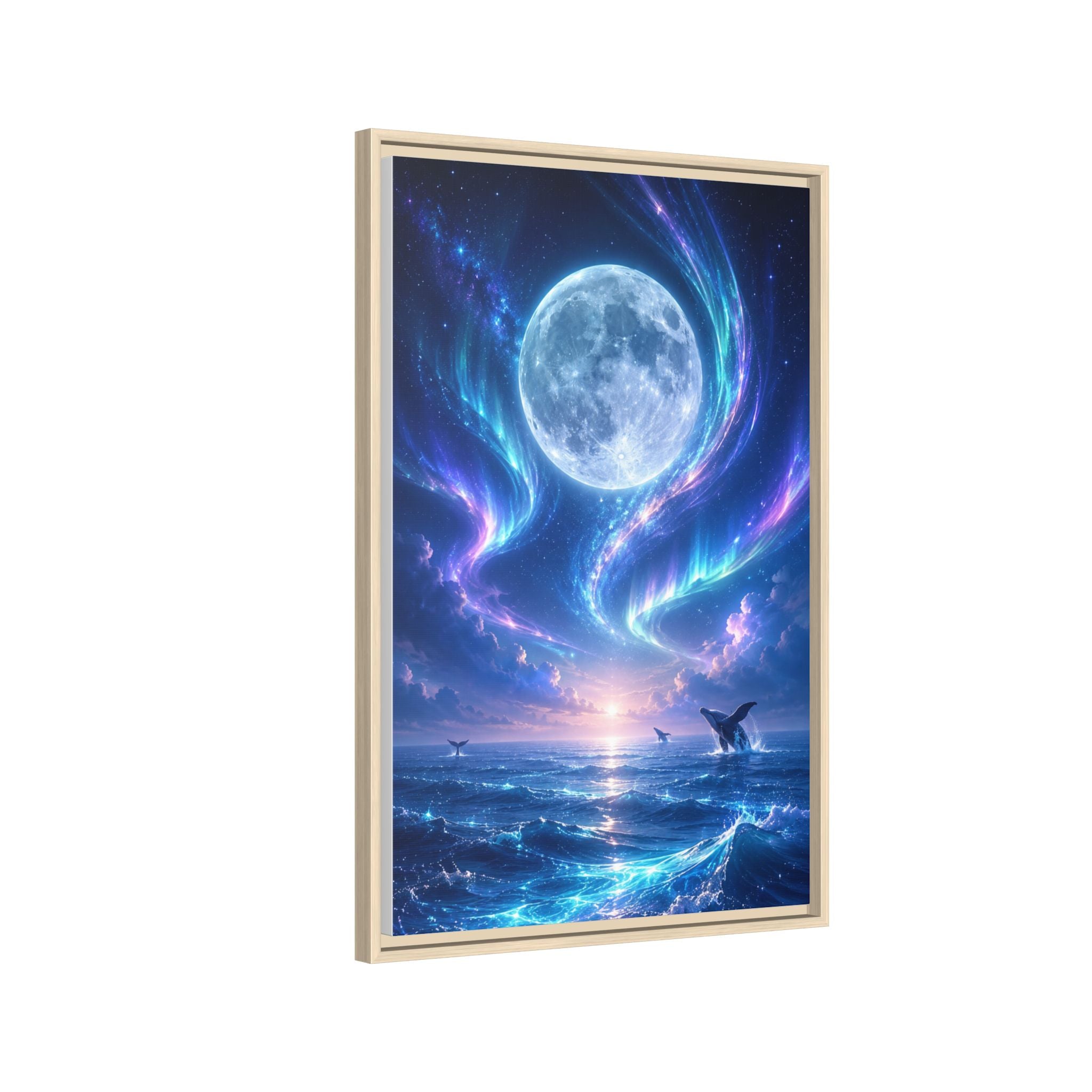 Framed Canvas Art - Lunar Aurora Ocean Scene