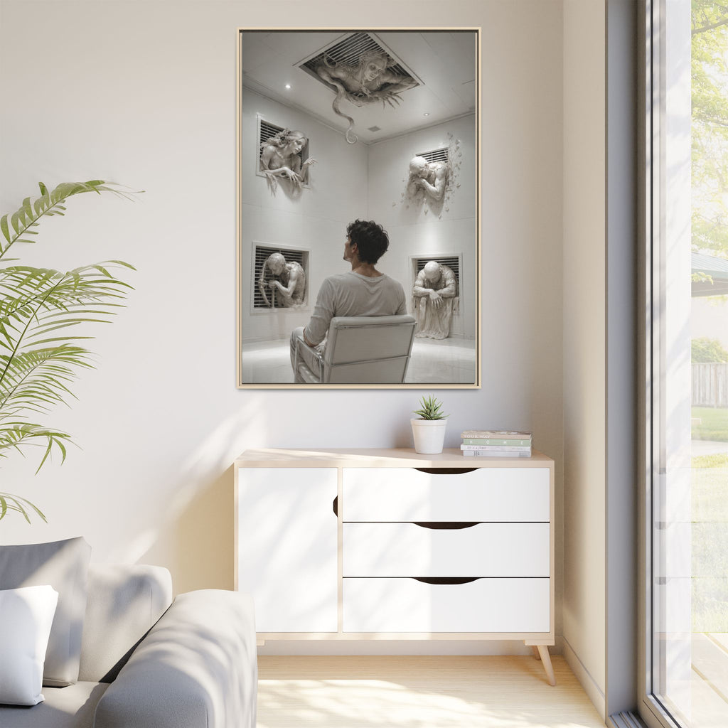 Surreal Wall Art Canvas — Man in Gallery with Sculpted Figures, Framed Matte Print