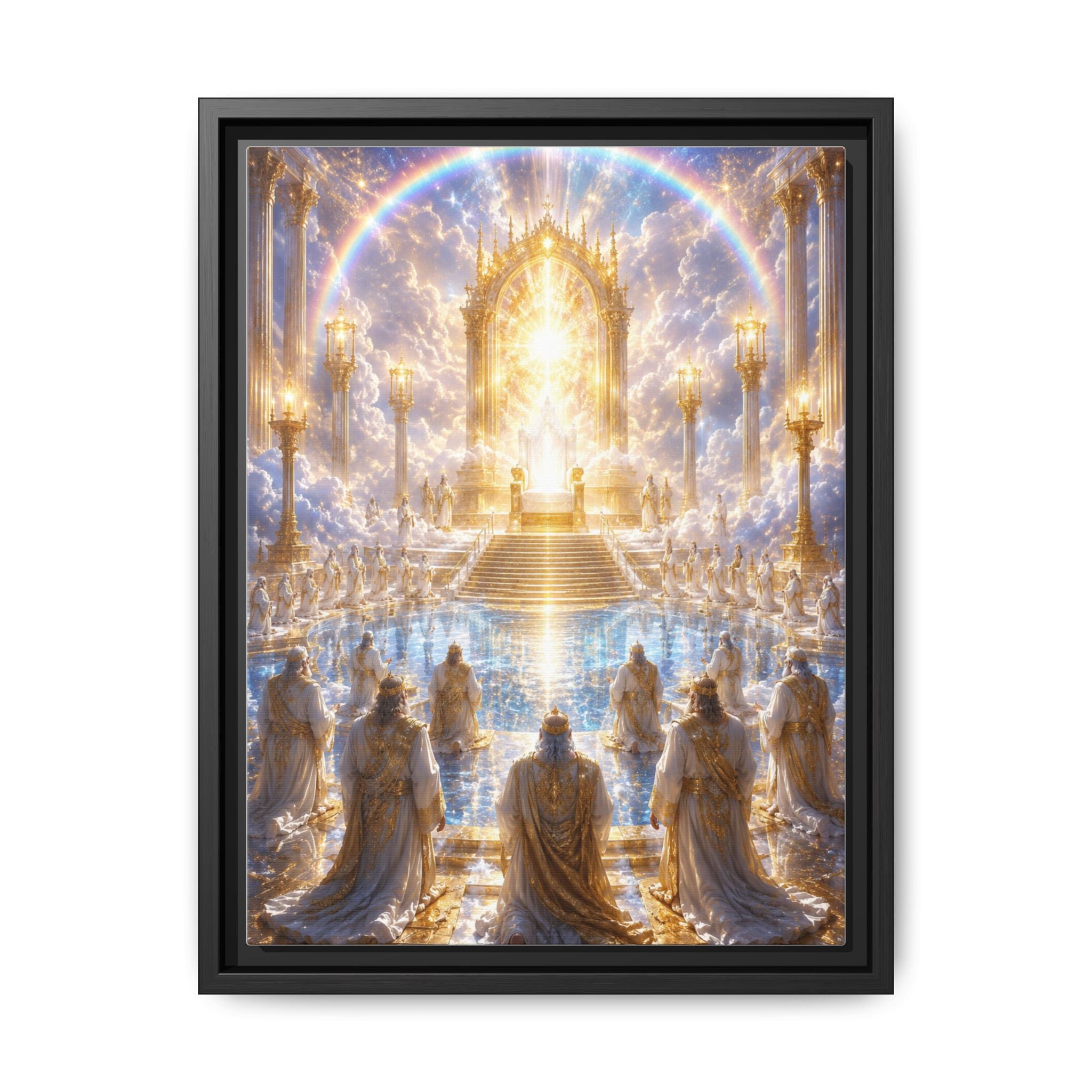 Heavenly Throne Room Matte Framed Canvas — Golden Angelic Realm Wall Art