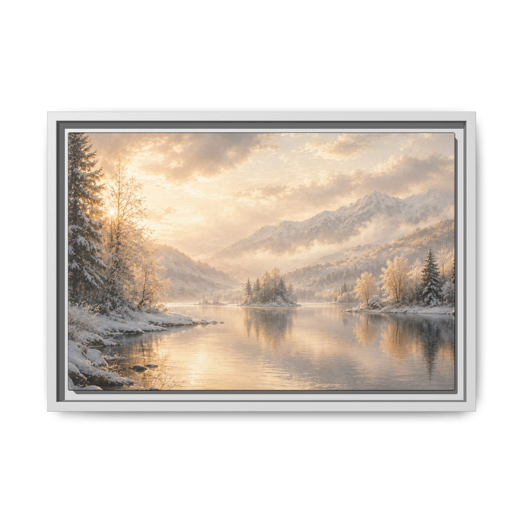 Framed Framed Canvas Print — Serene Golden Mountain Lake Landscape