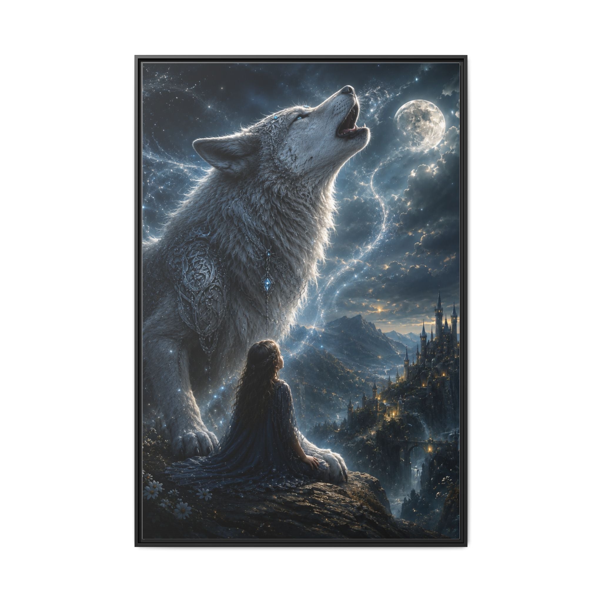 Howling Wolf Moon Matte Canvas Print — Framed Fantasy Wall Art