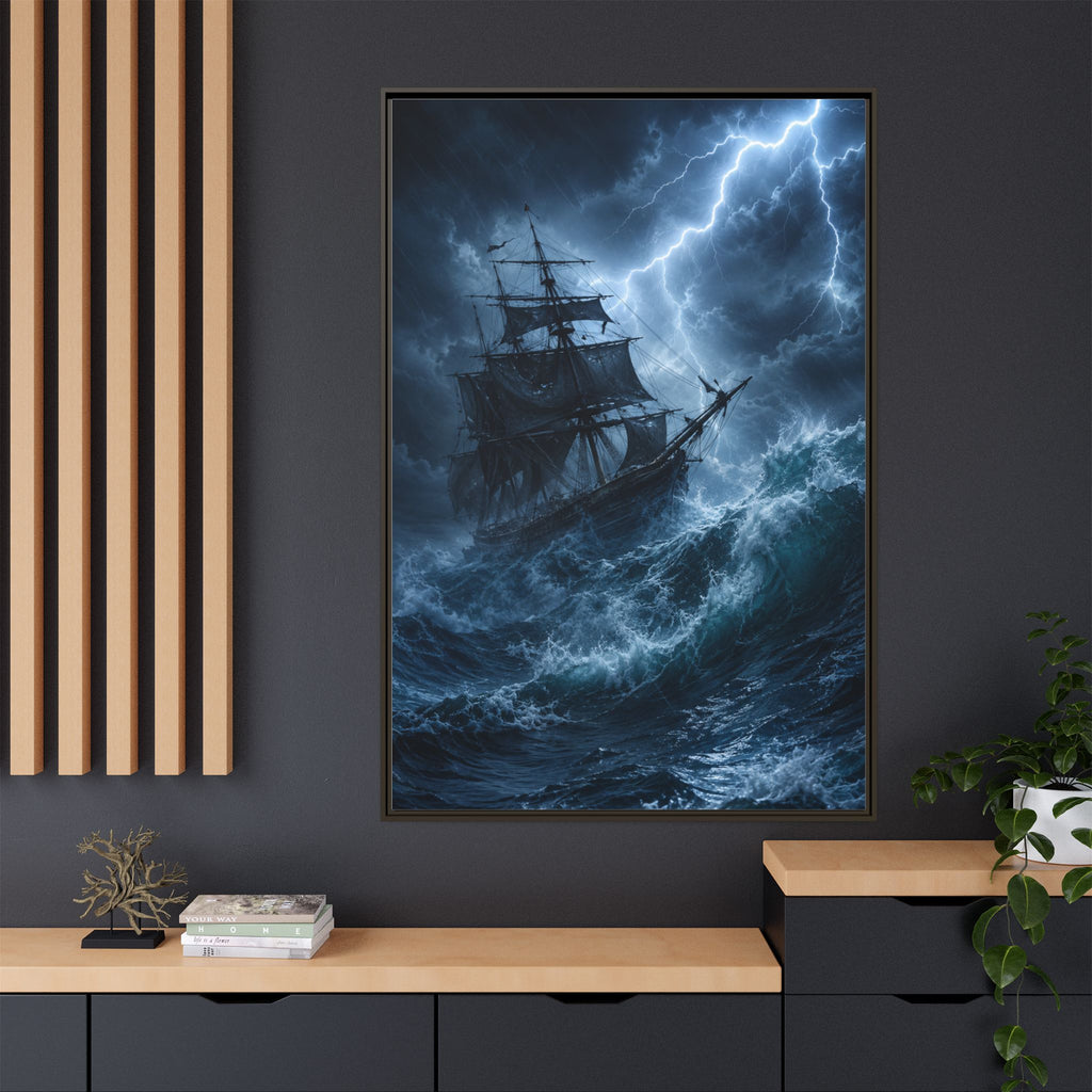 Stormy Seas Ship Painting — Framed Matte Canvas Wall Art
