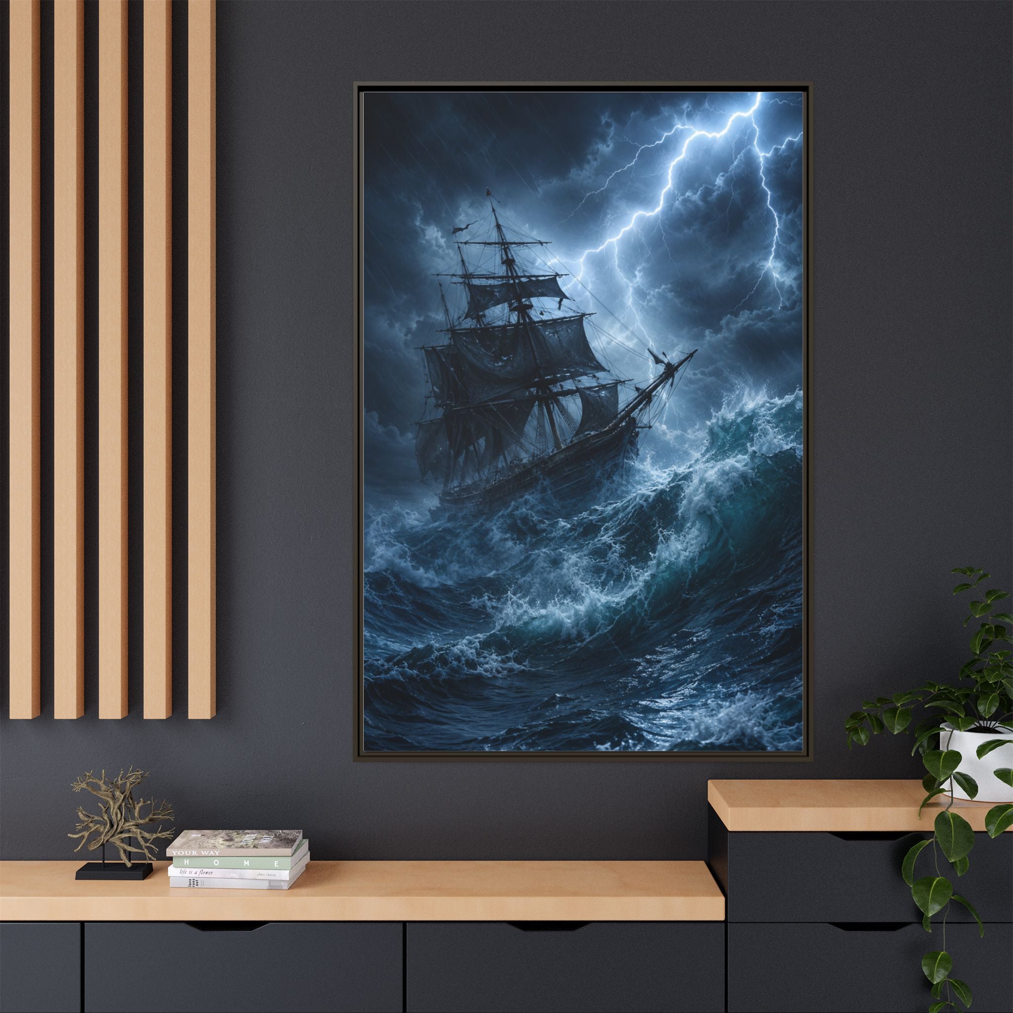 Stormy Seas Ship Painting — Framed Matte Canvas Wall Art