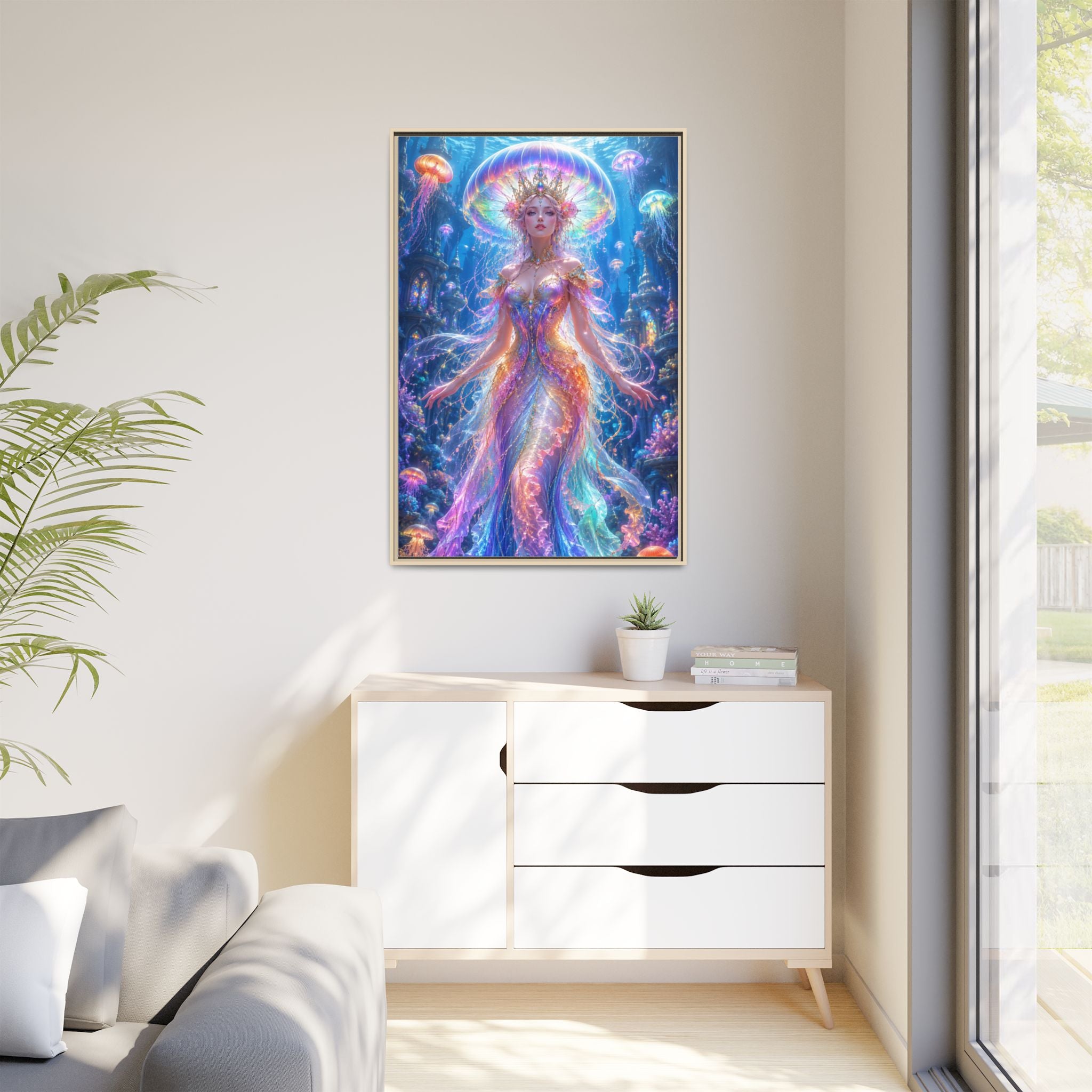 Jellyfish Queen Framed Canvas Art — Vibrant Mermaid Goddess Wall Print