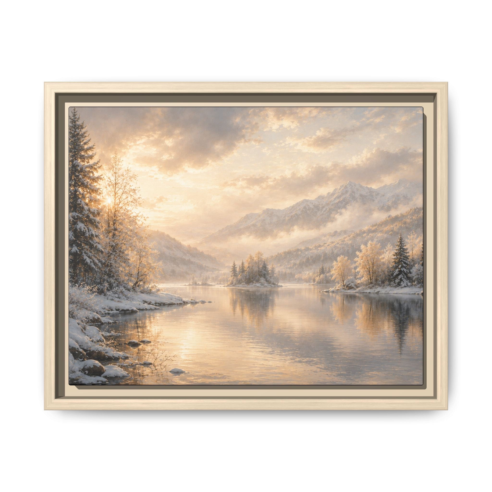 Framed Framed Canvas Print — Serene Golden Mountain Lake Landscape