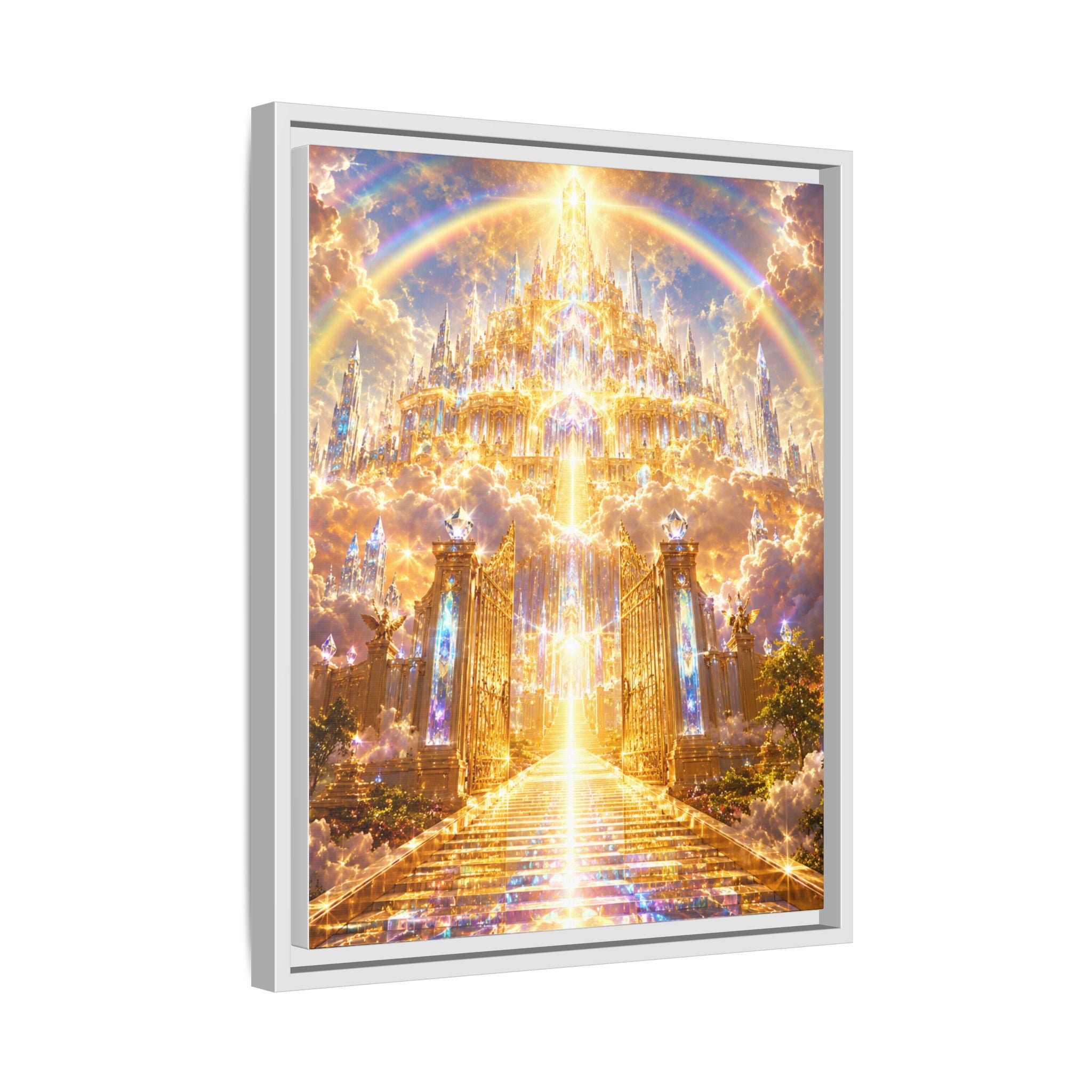 Heavenly Gateway Matte Framed Canvas — Golden Rainbow Spiritual Wall Art