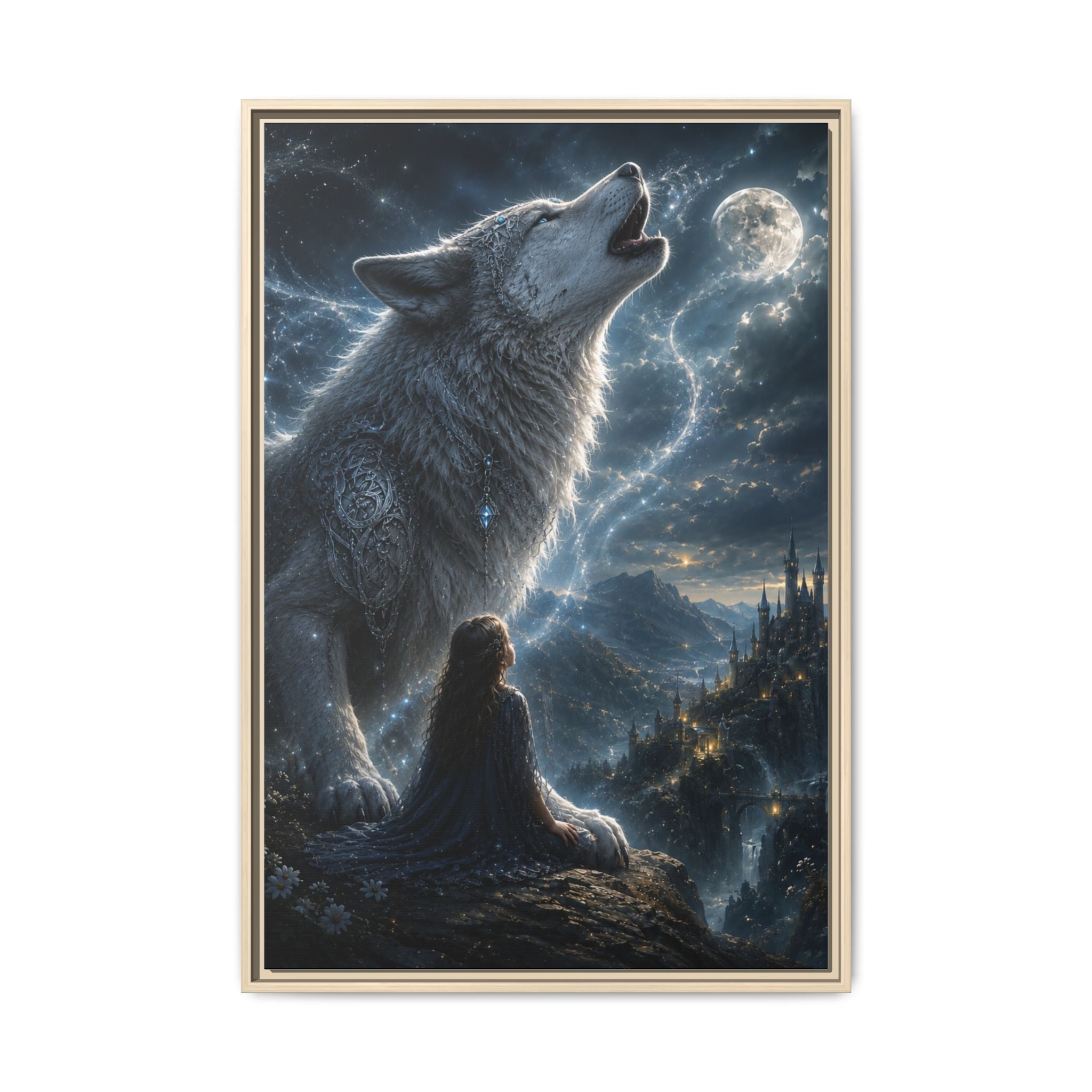 Howling Wolf Moon Matte Canvas Print — Framed Fantasy Wall Art