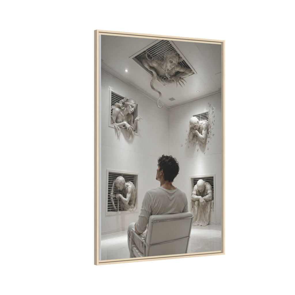 Surreal Wall Art Canvas — Man in Gallery with Sculpted Figures, Framed Matte Print