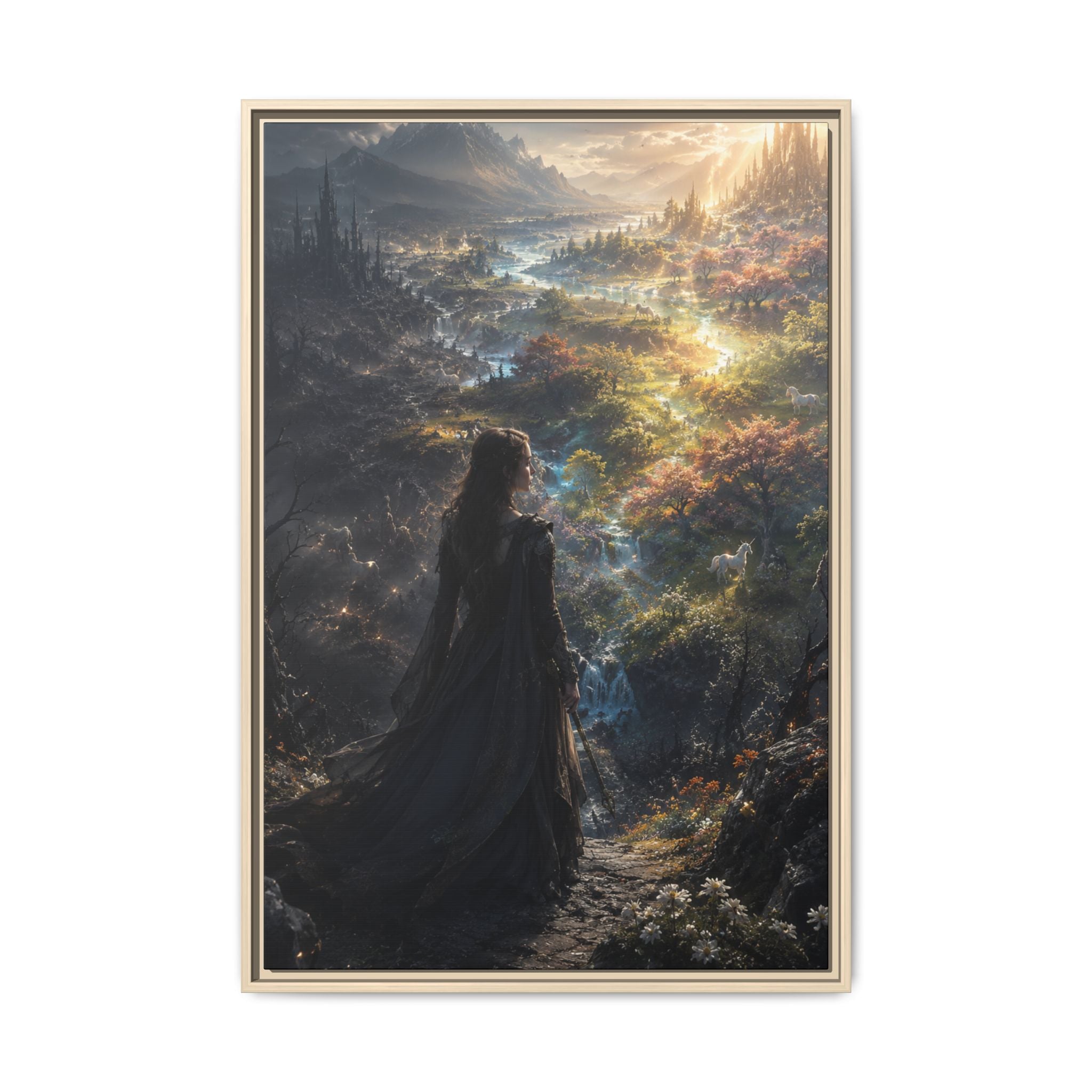 Fine Art Paper Print — Mystical Woman Over Enchanted Valley (Multi‑Color)