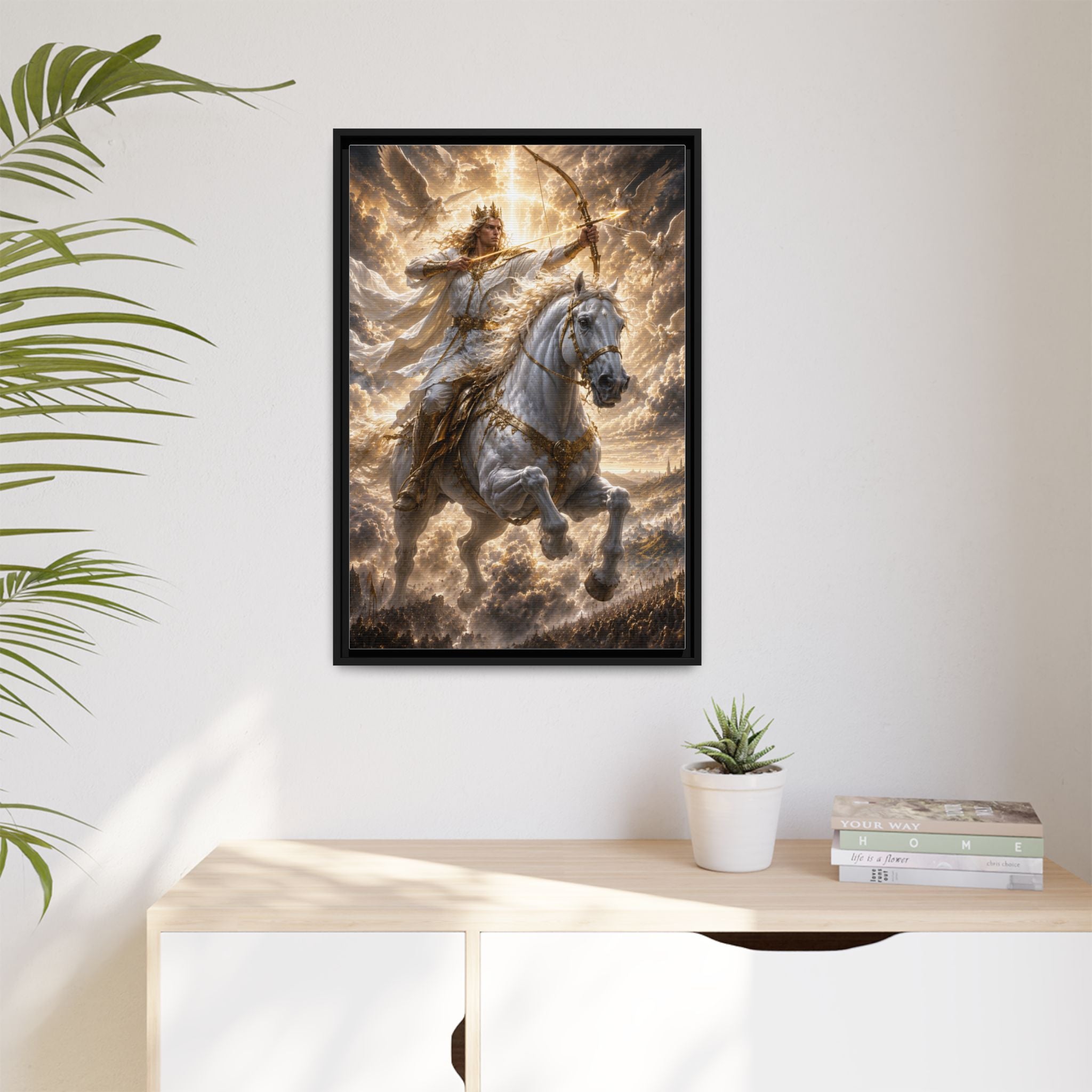 Mythic Warrior on White Steed — Framed Matte Canvas Wall Art