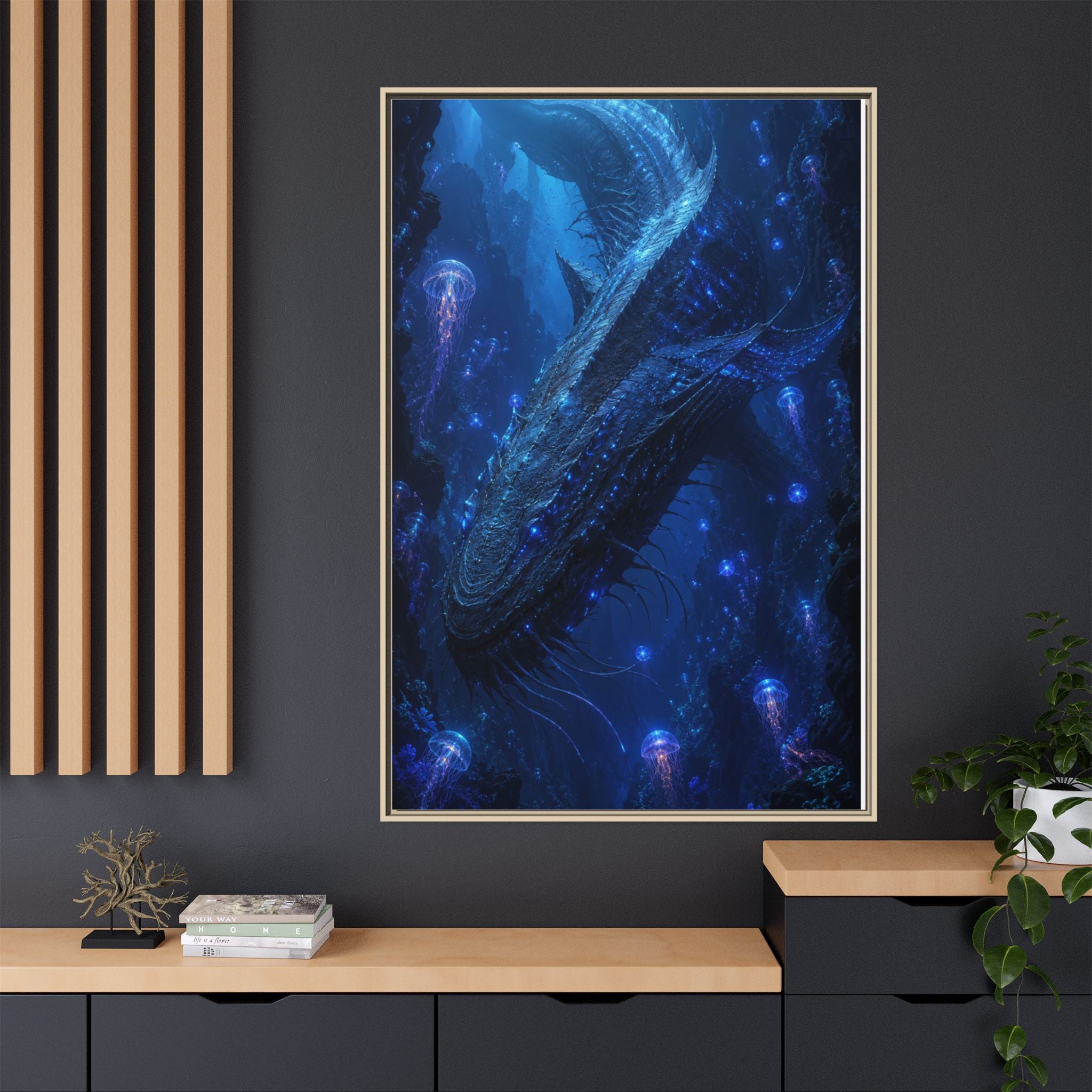 Framed Matte Canvas Art - Deep Sea Leviathan Fantasy Print