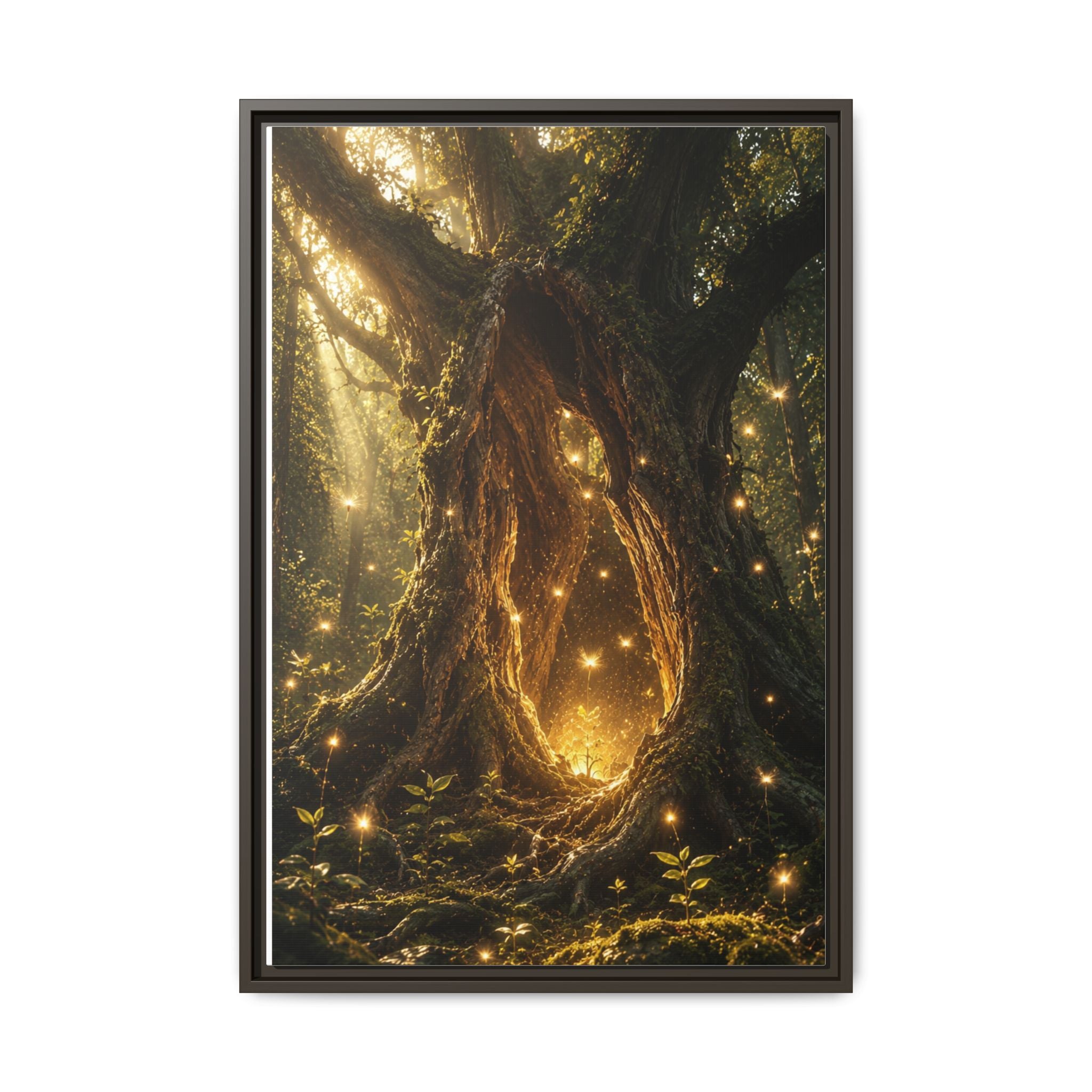 Framed Canvas Art - Enchanted Forest Tree with Glowing Fireflies