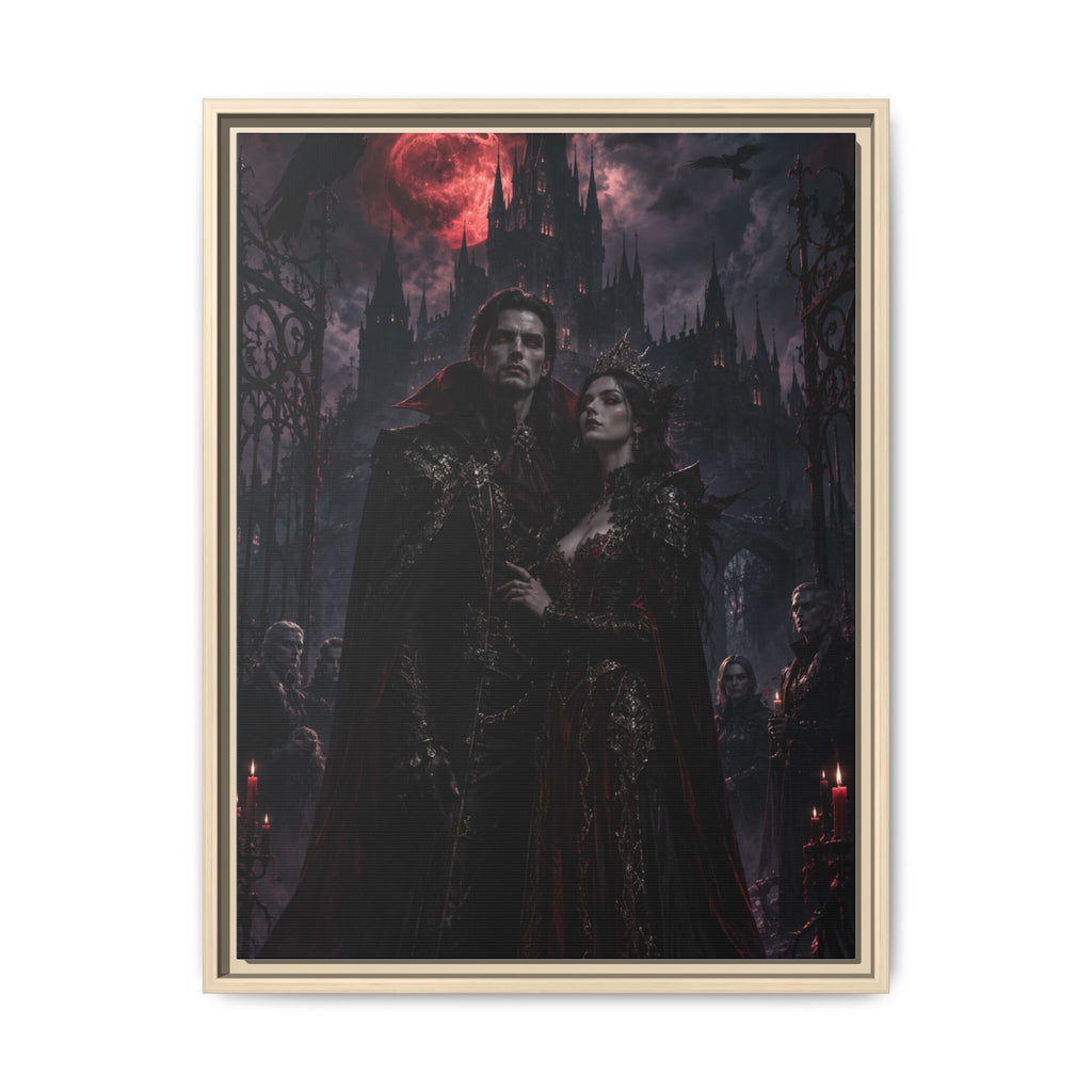 Vampire Couple Matte Framed Canvas Art – Gothic Red Moon Wall Decor