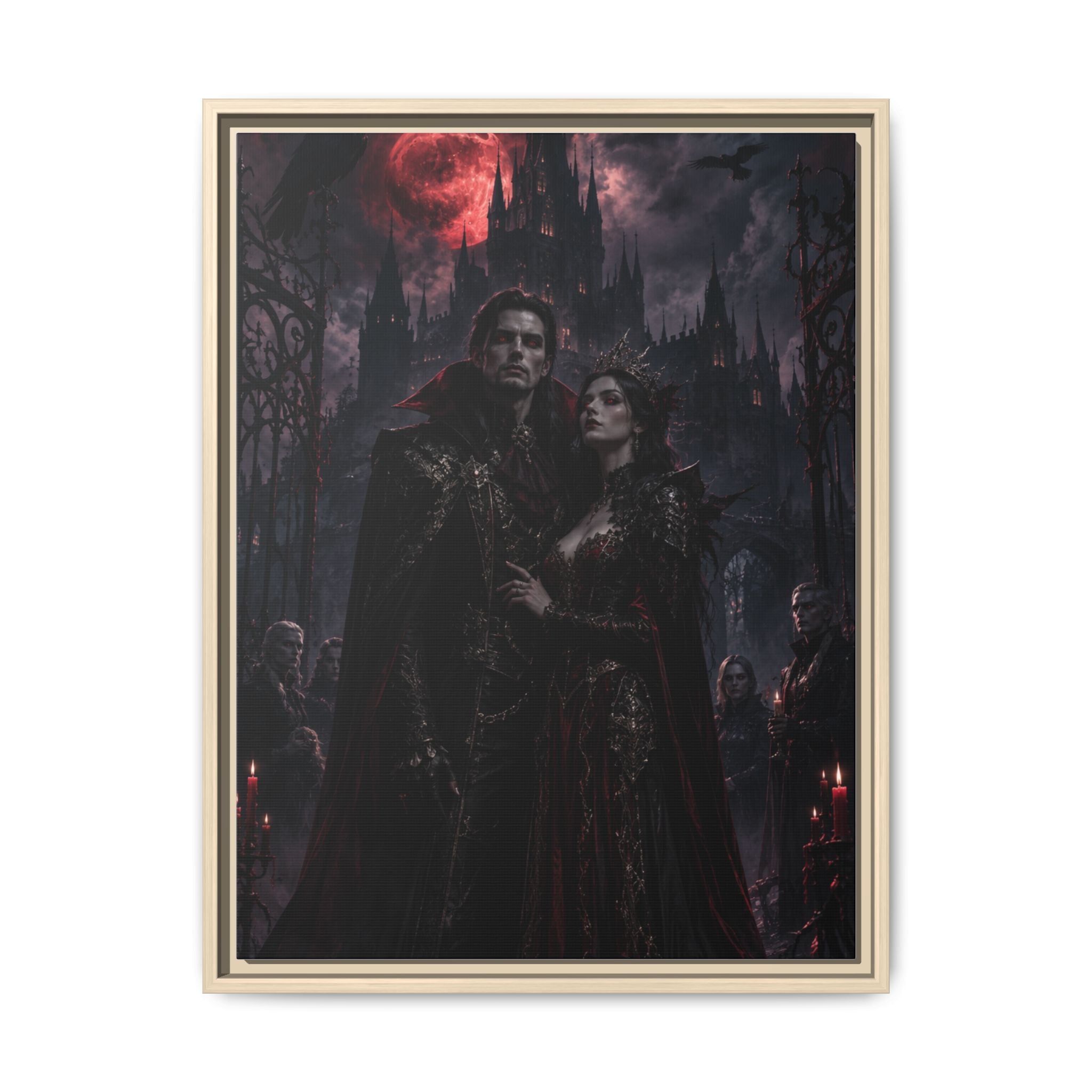 Vampire Couple Matte Framed Canvas Art – Gothic Red Moon Wall Decor