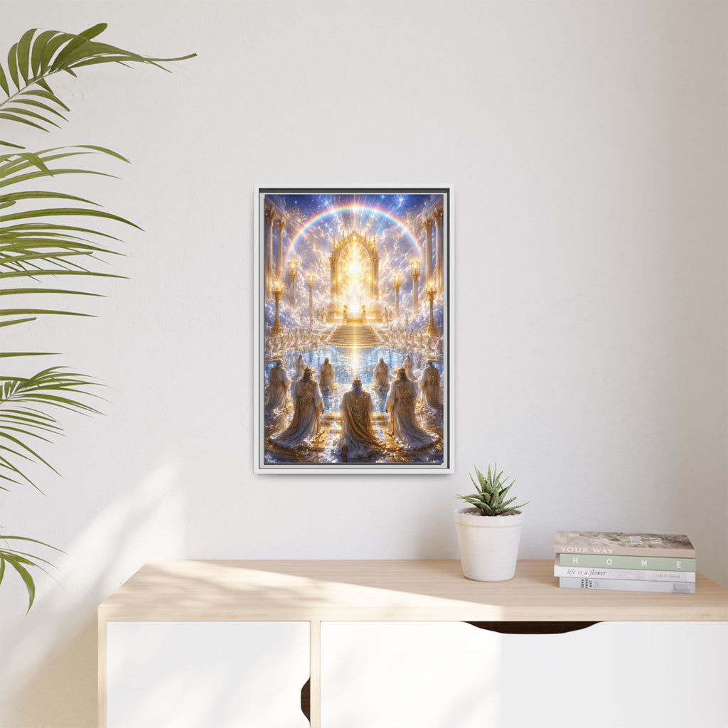 Heavenly Throne Room Matte Framed Canvas — Golden Angelic Realm Wall Art