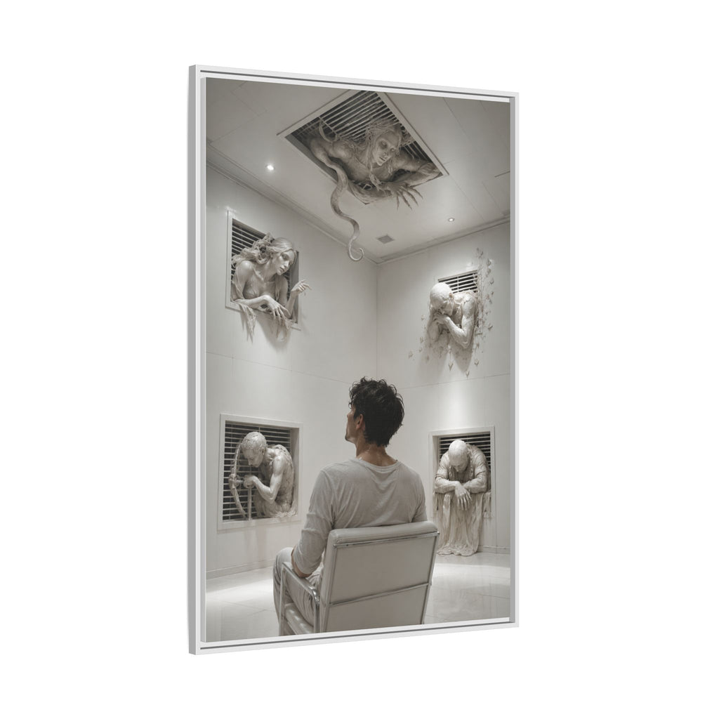 Surreal Wall Art Canvas — Man in Gallery with Sculpted Figures, Framed Matte Print