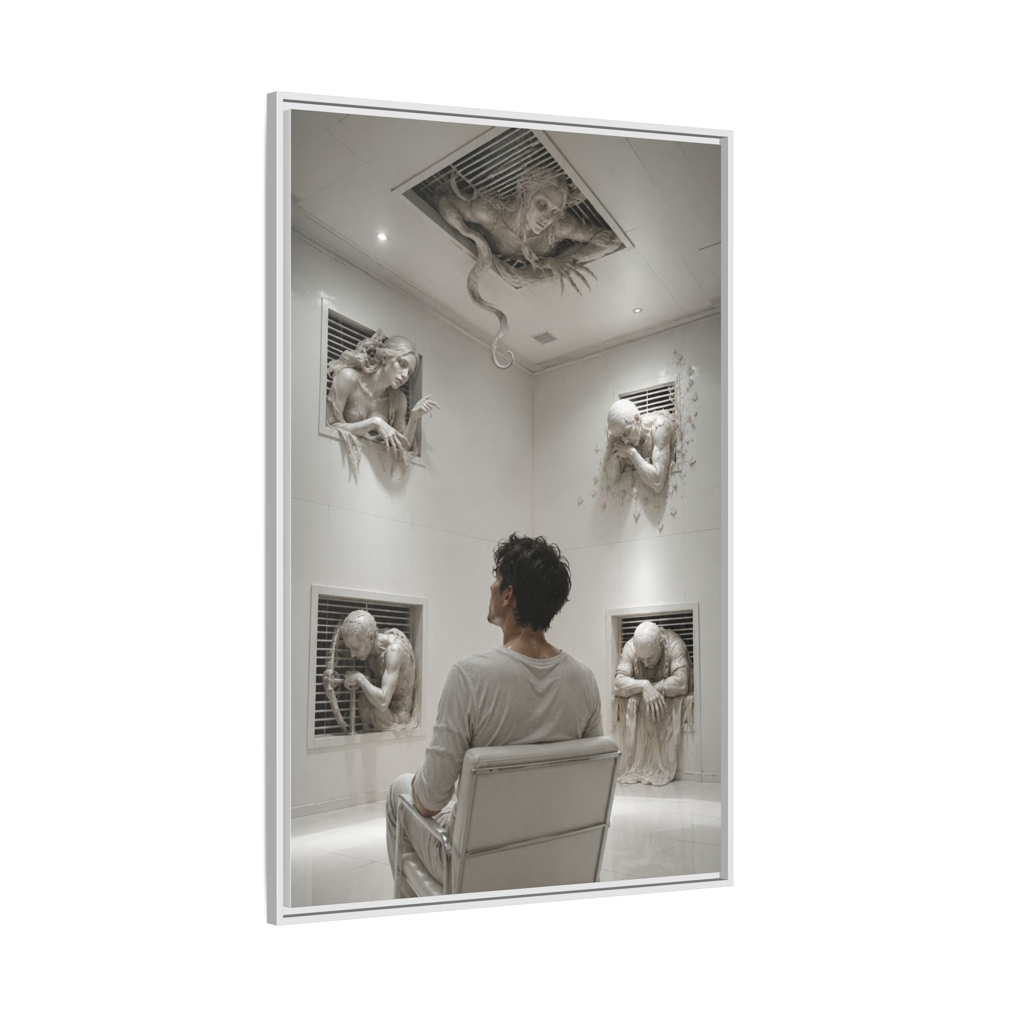 Surreal Wall Art Canvas — Man in Gallery with Sculpted Figures, Framed Matte Print