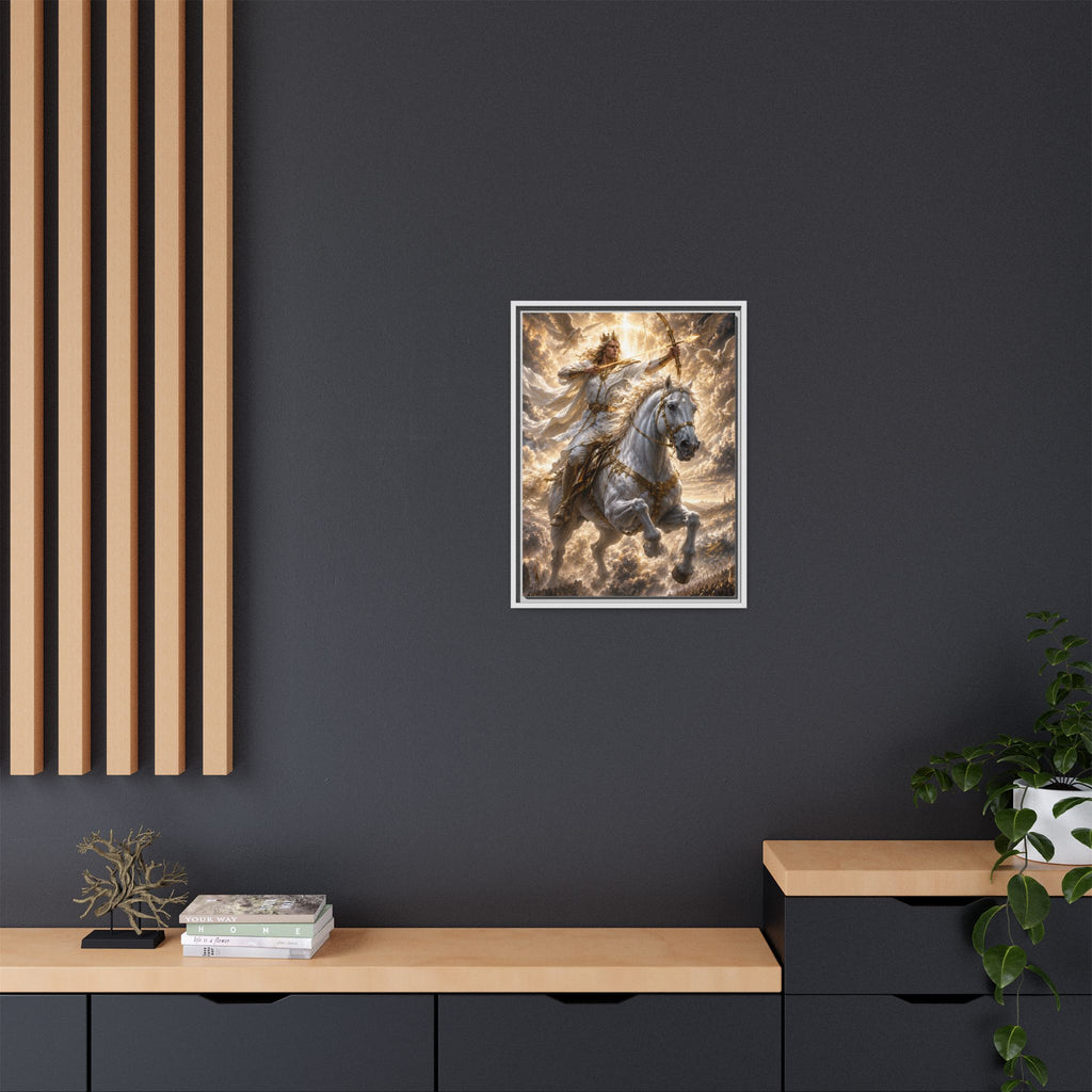 Mythic Warrior on White Steed — Framed Matte Canvas Wall Art