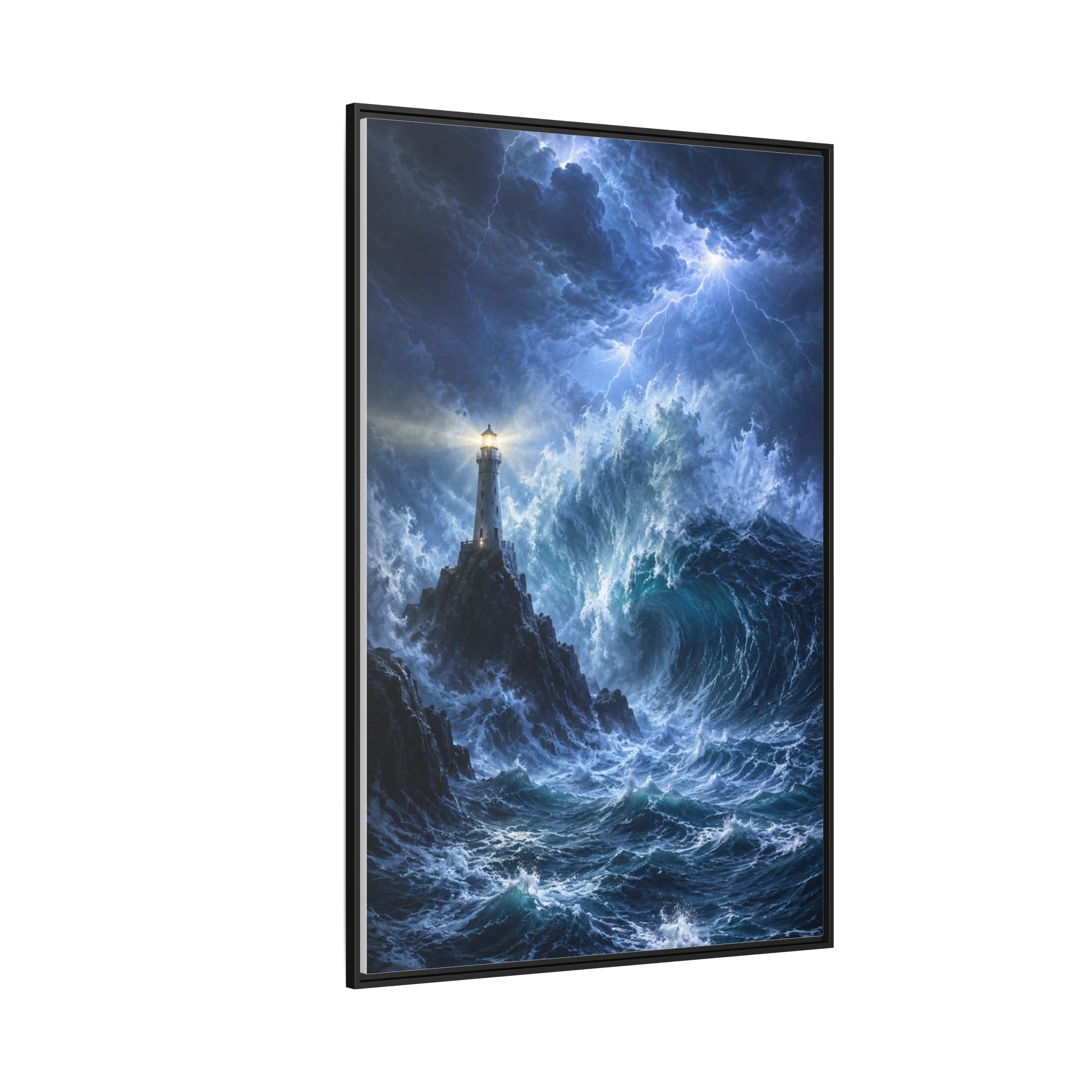 Framed Matte Canvas – Stormy Lighthouse Ocean Print