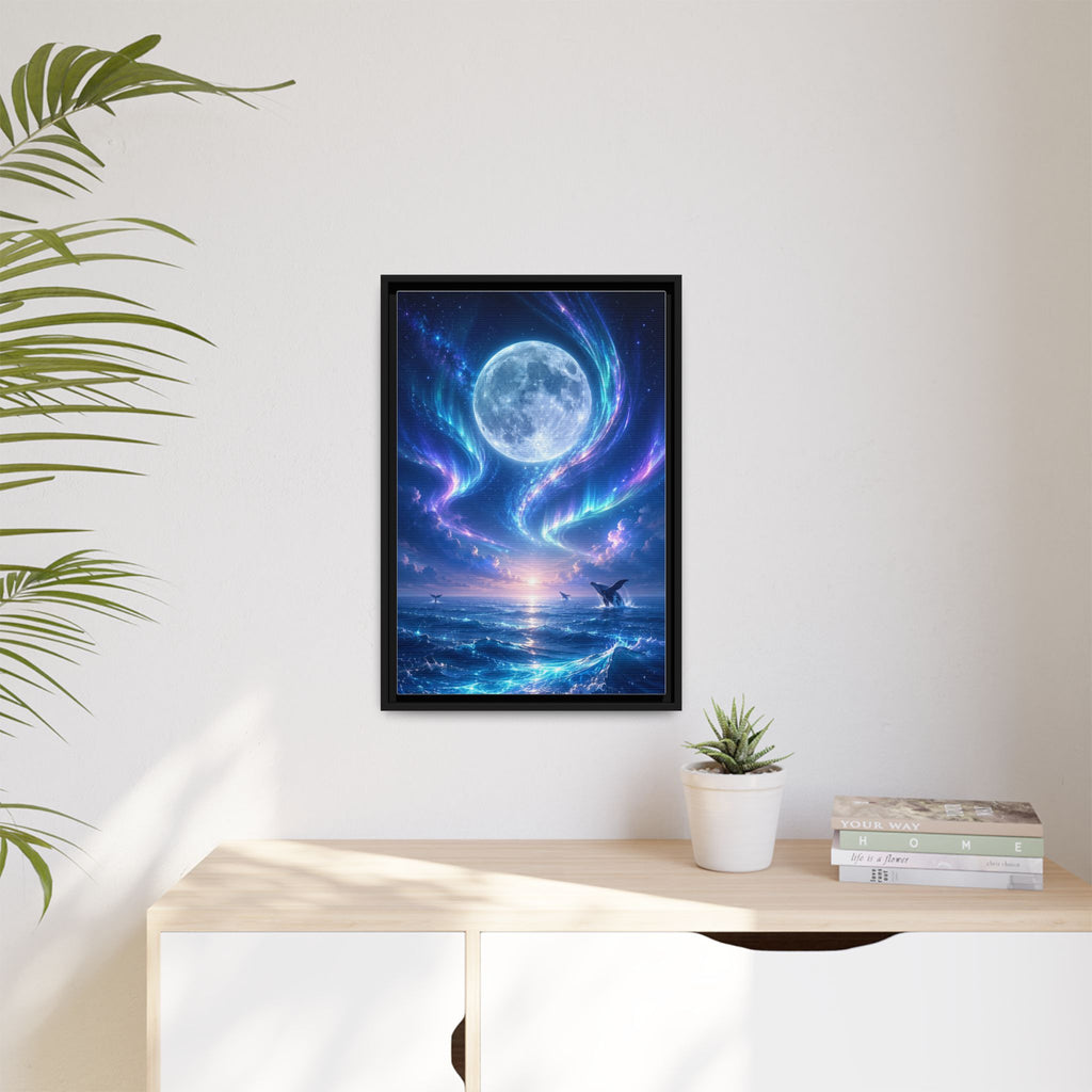 Framed Canvas Art - Lunar Aurora Ocean Scene