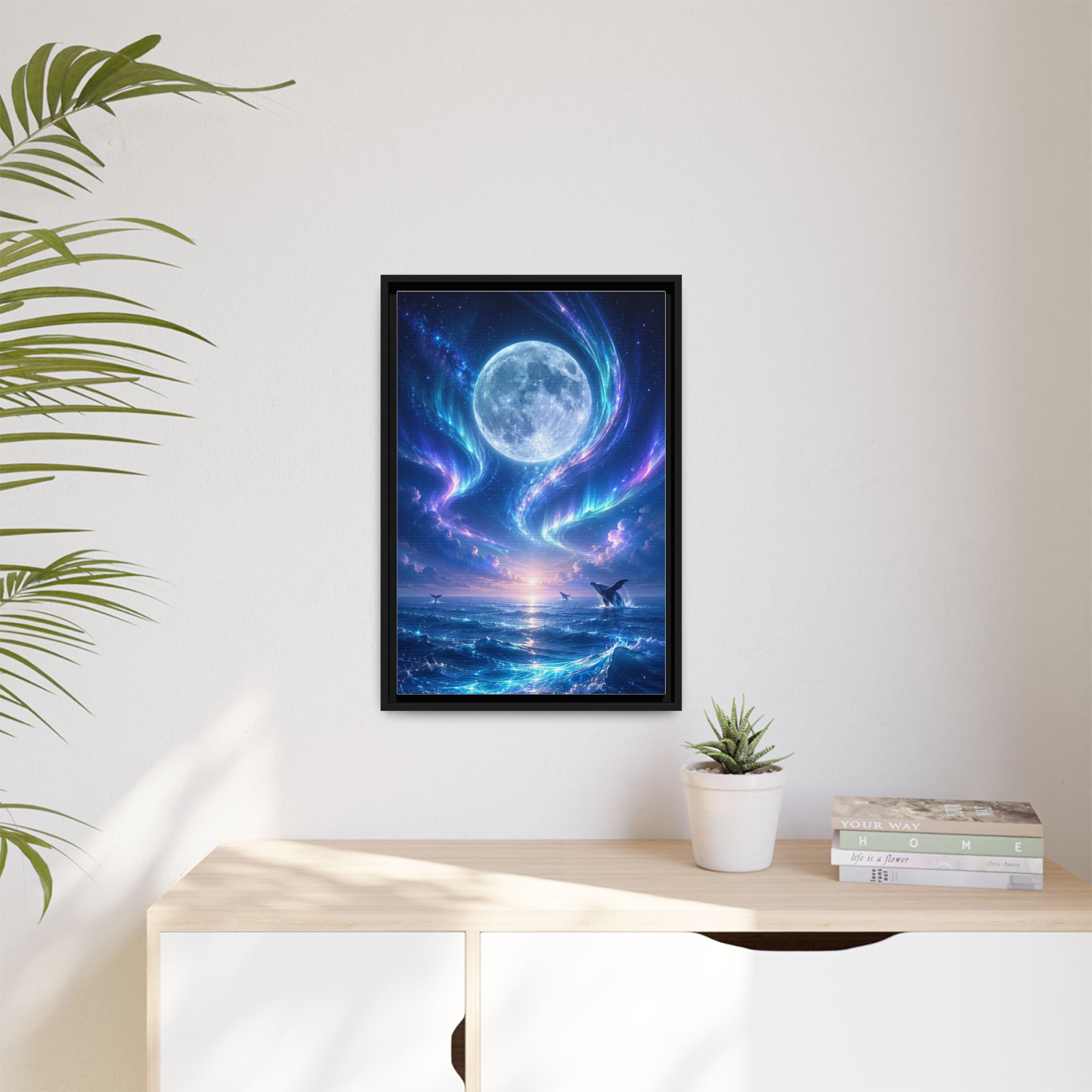 Framed Canvas Art - Lunar Aurora Ocean Scene