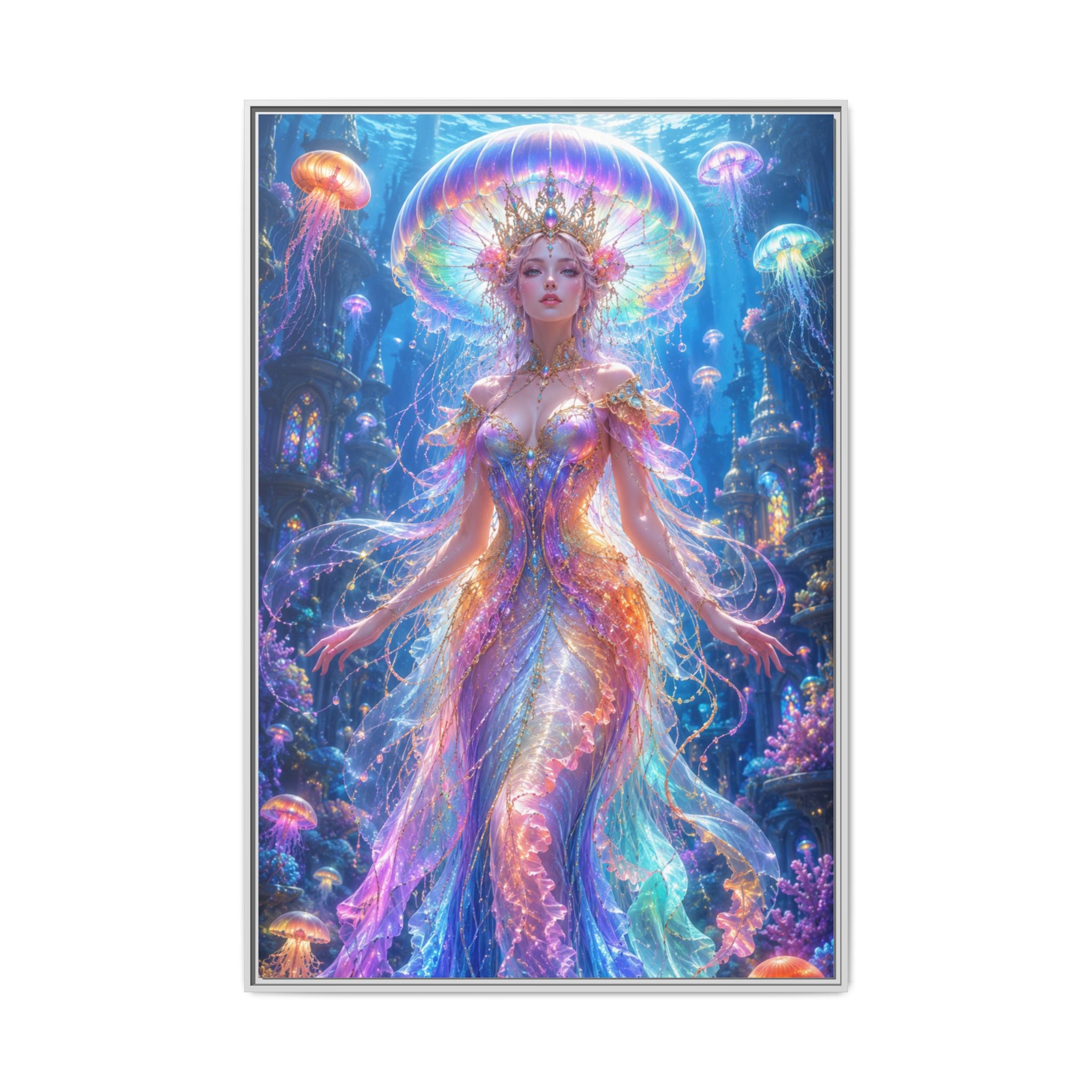 Jellyfish Queen Framed Canvas Art — Vibrant Mermaid Goddess Wall Print