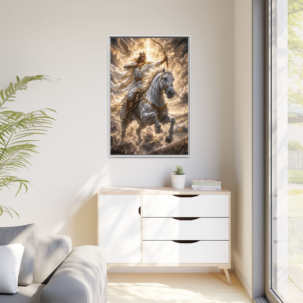 Mythic Warrior on White Steed — Framed Matte Canvas Wall Art