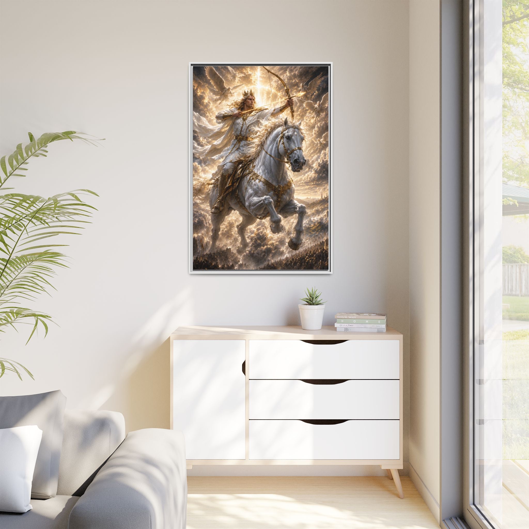 Mythic Warrior on White Steed — Framed Matte Canvas Wall Art