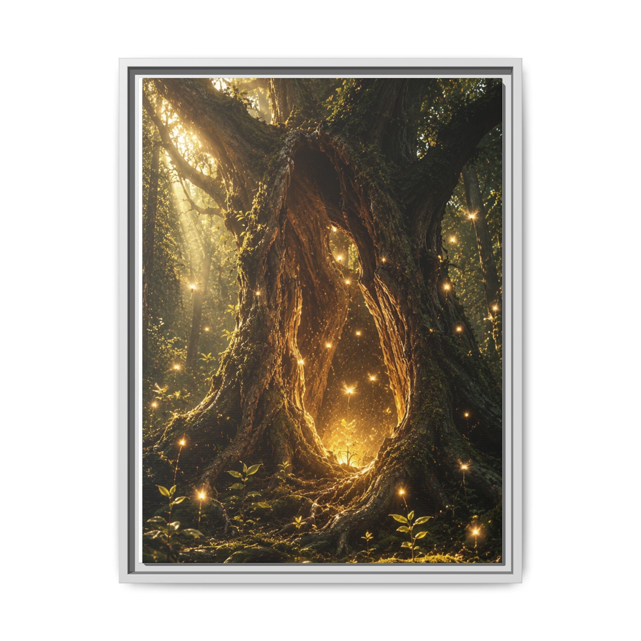 Framed Canvas Art - Enchanted Forest Tree with Glowing Fireflies