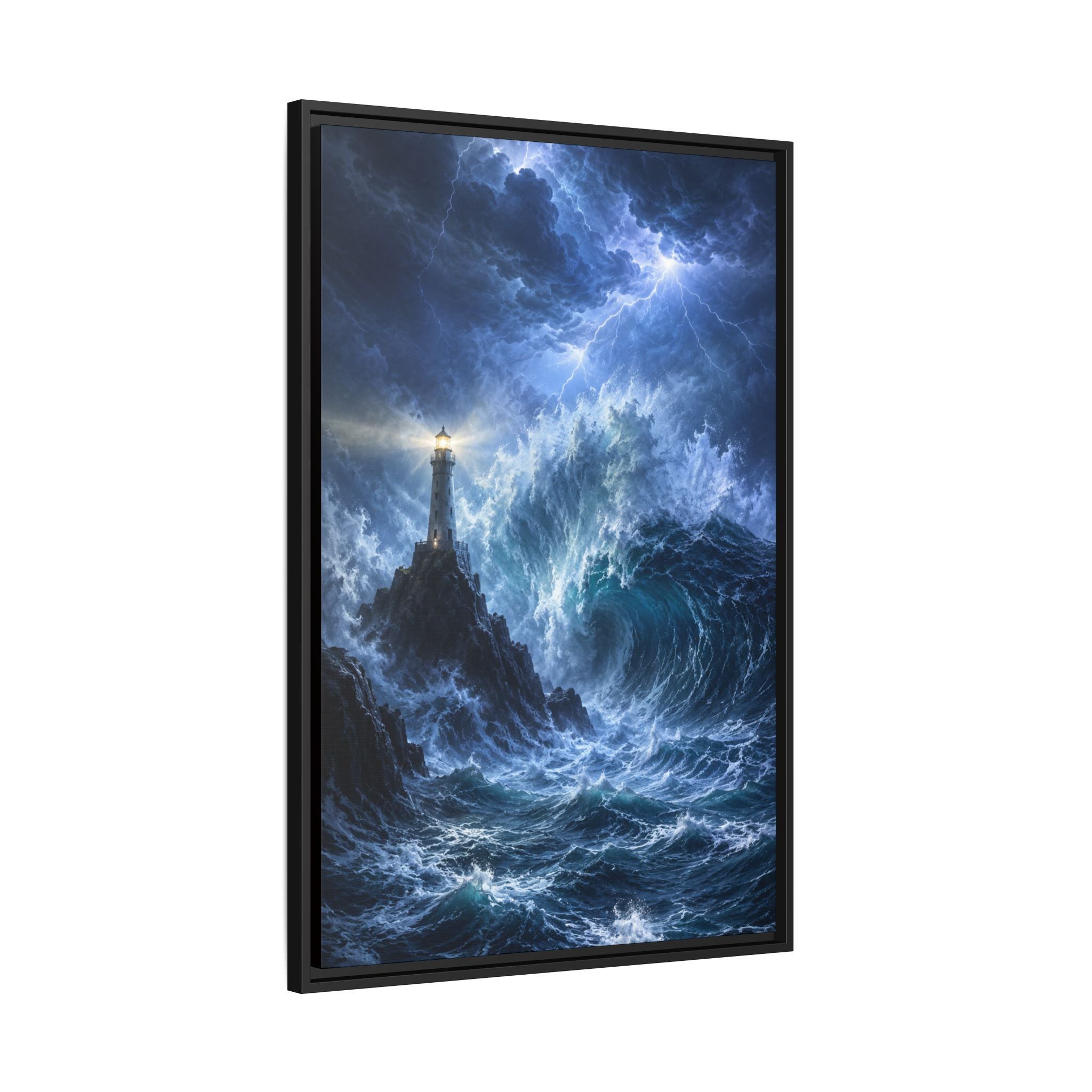 Framed Framed Canvas – Stormy Lighthouse Ocean Print