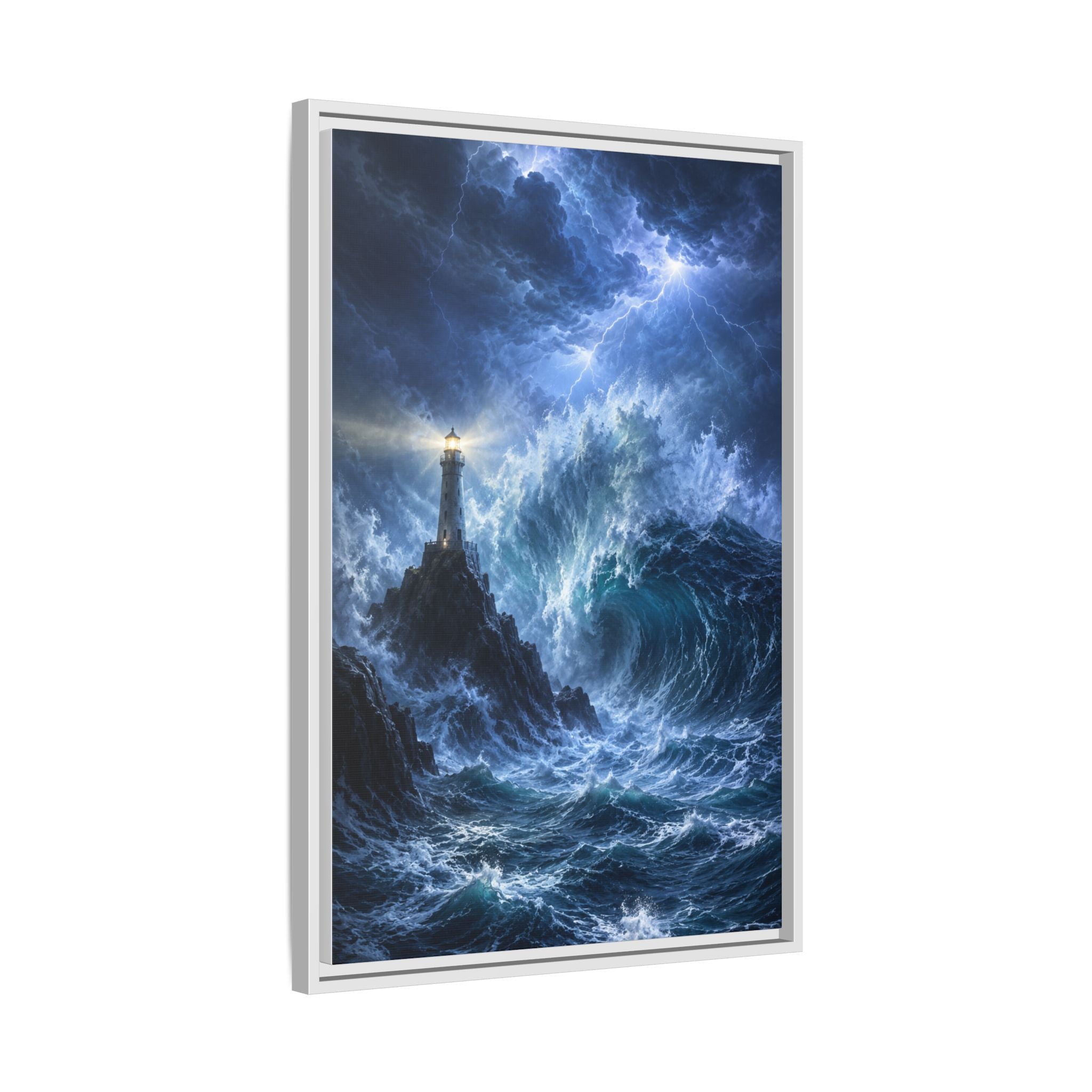 Framed Matte Canvas – Stormy Lighthouse Ocean Print