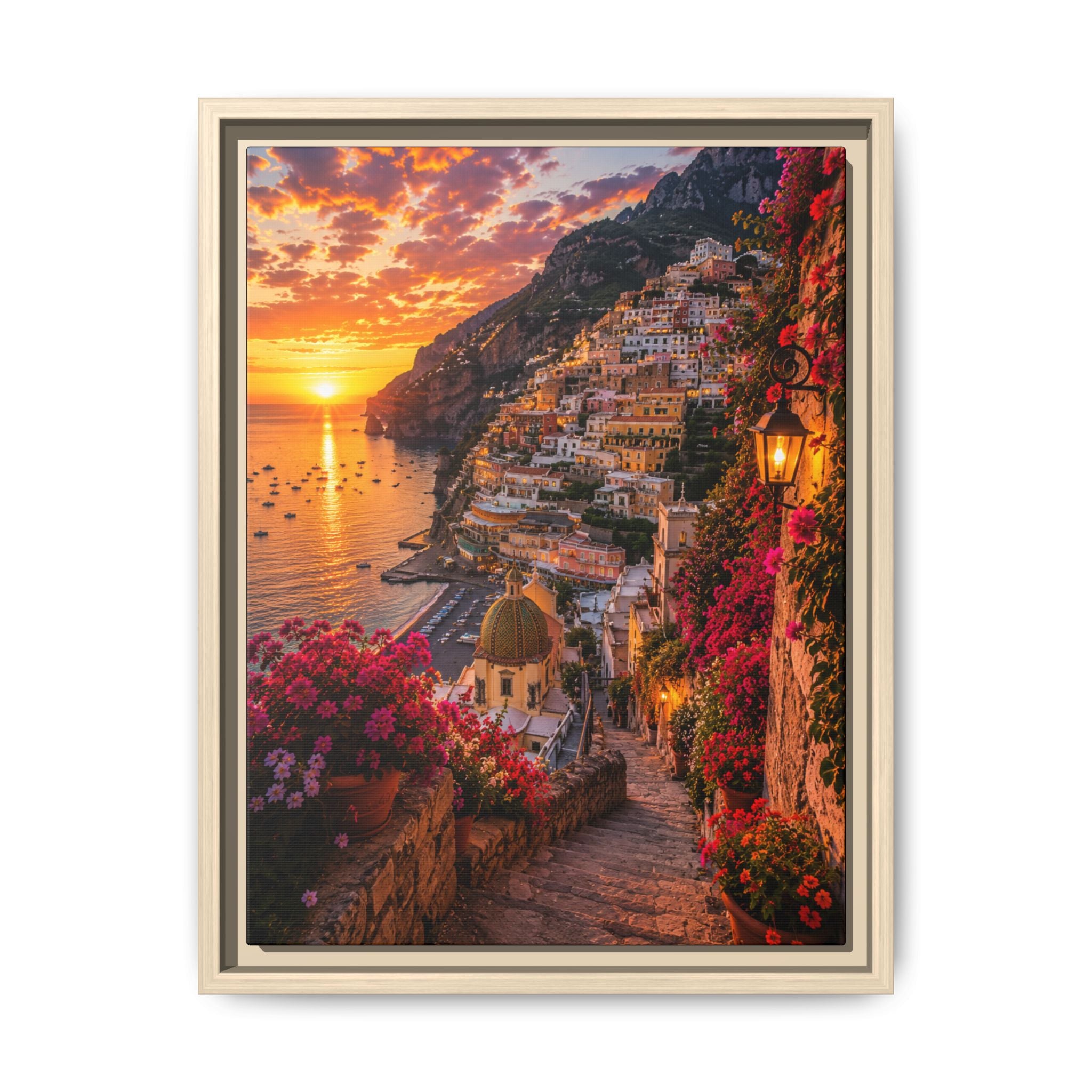 Framed Framed Canvas Print — Sunset Coastal Village Wall Art