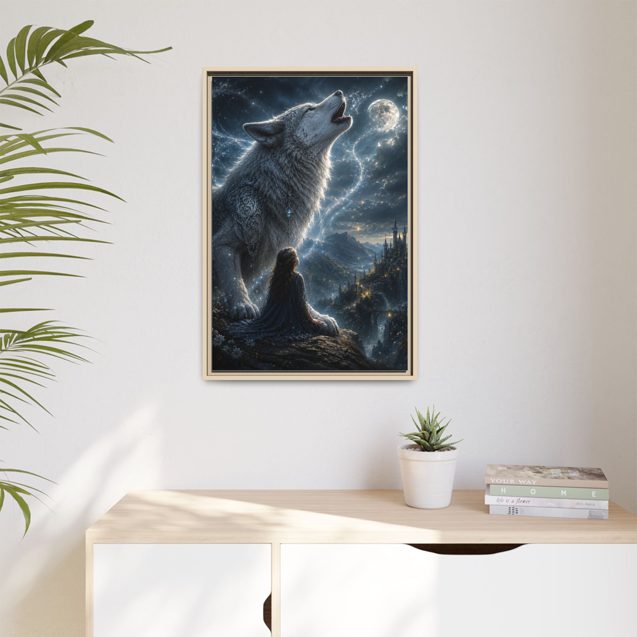 Howling Wolf Moon Matte Canvas Print — Framed Fantasy Wall Art