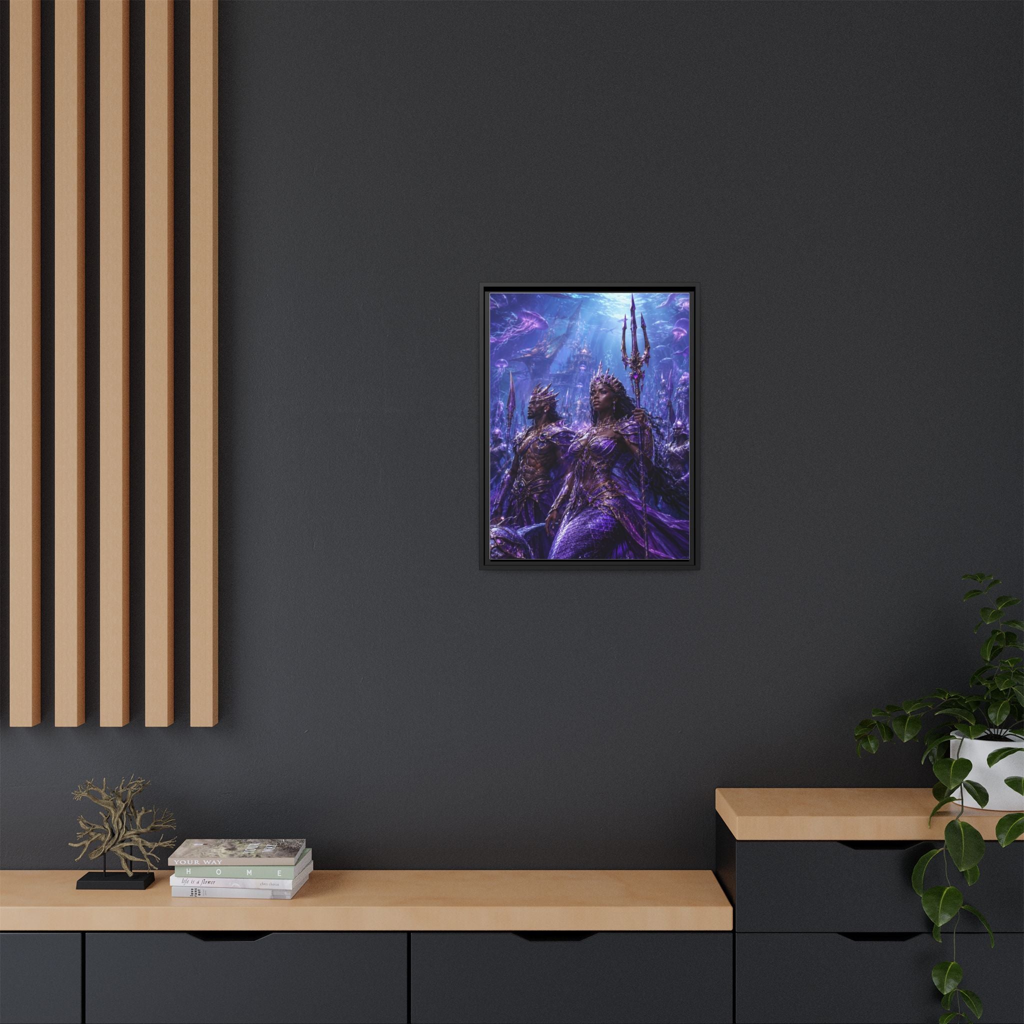 Framed Matte Canvas Print — Regal Underwater Merfolk Royalty (Purple)