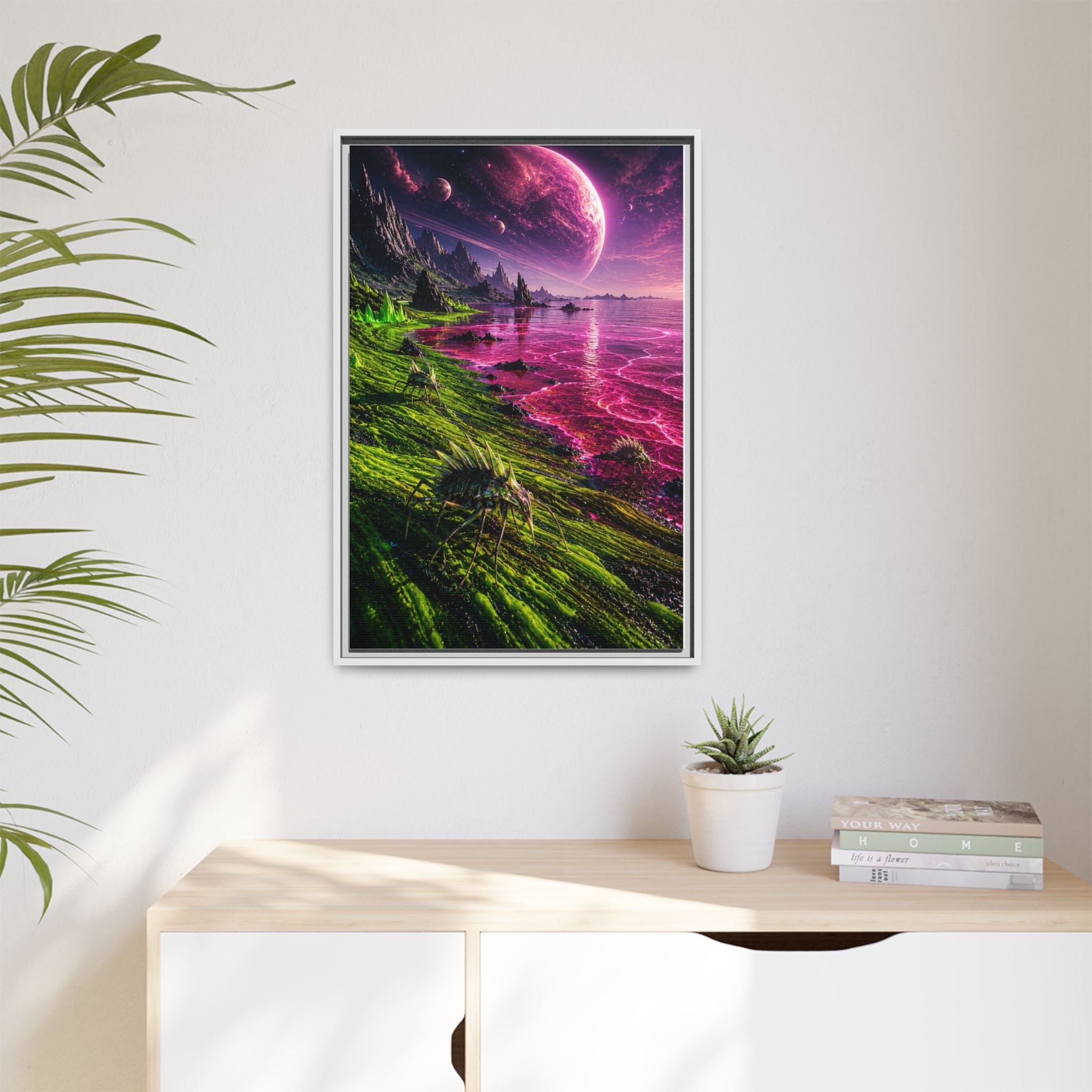 Framed Matte Canvas - Neon Alien Landscape Wall Art