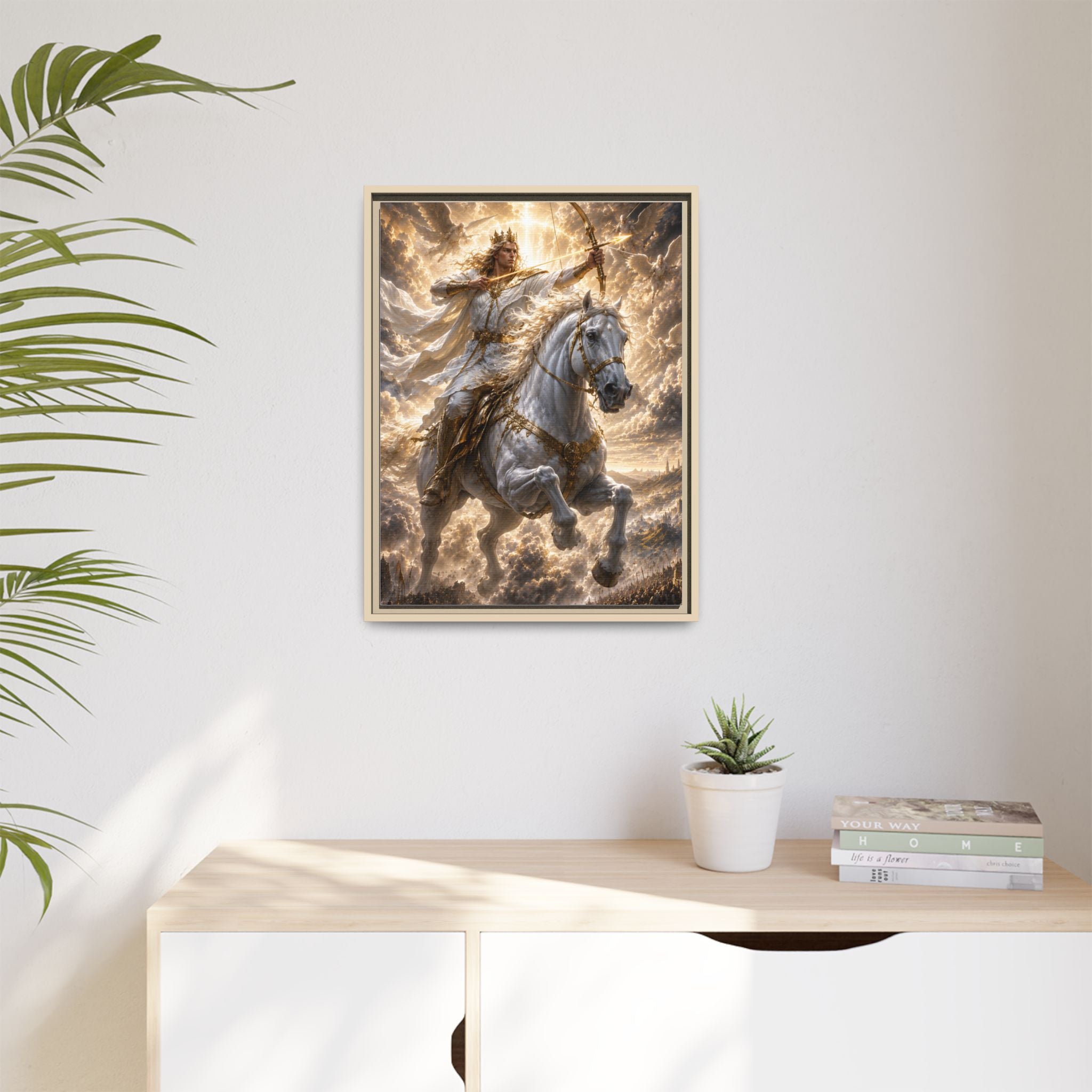 Mythic Warrior on White Steed — Framed Matte Canvas Wall Art