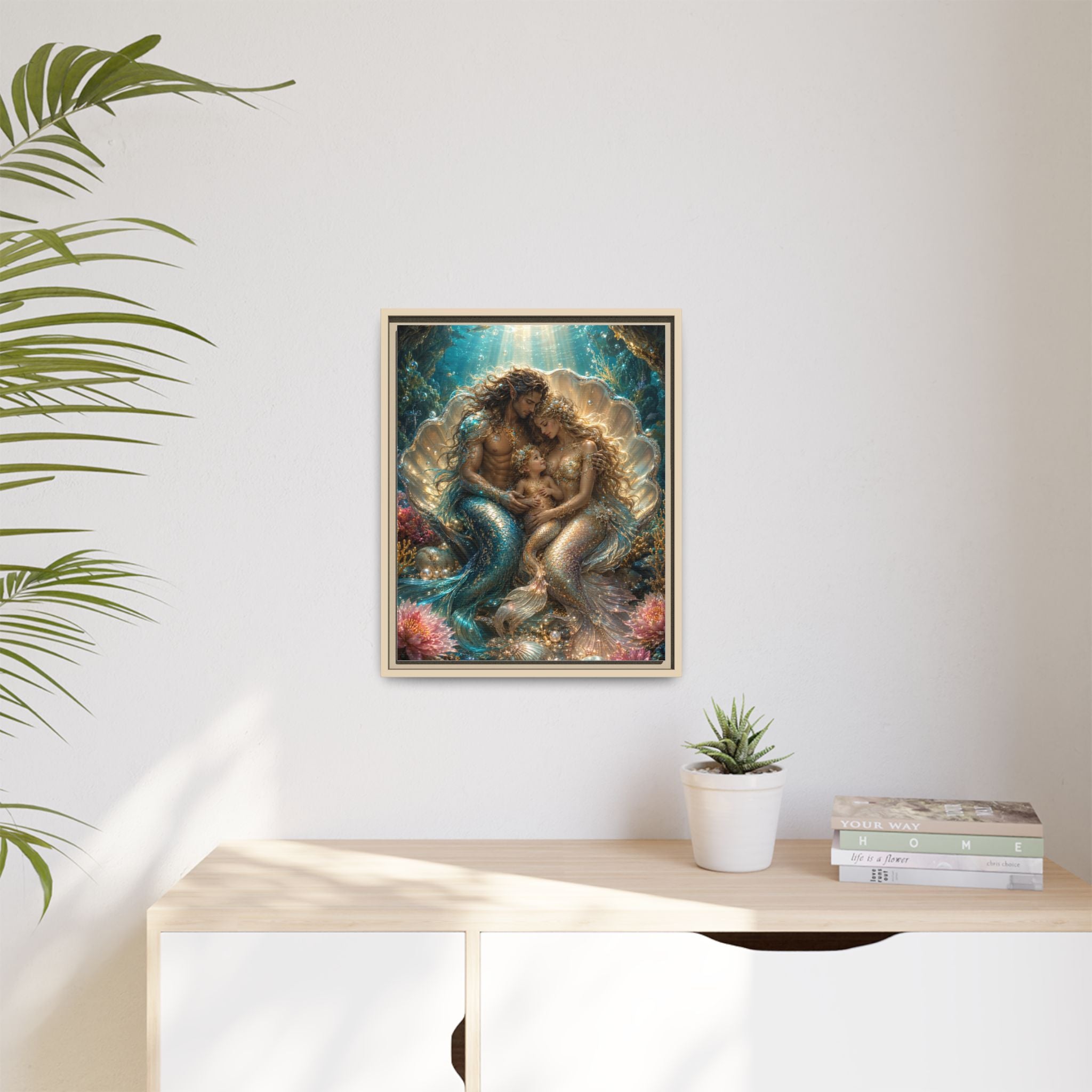 Framed Mermaid Family Art Print — Oceanic Fantasy Canvas Wall Decor