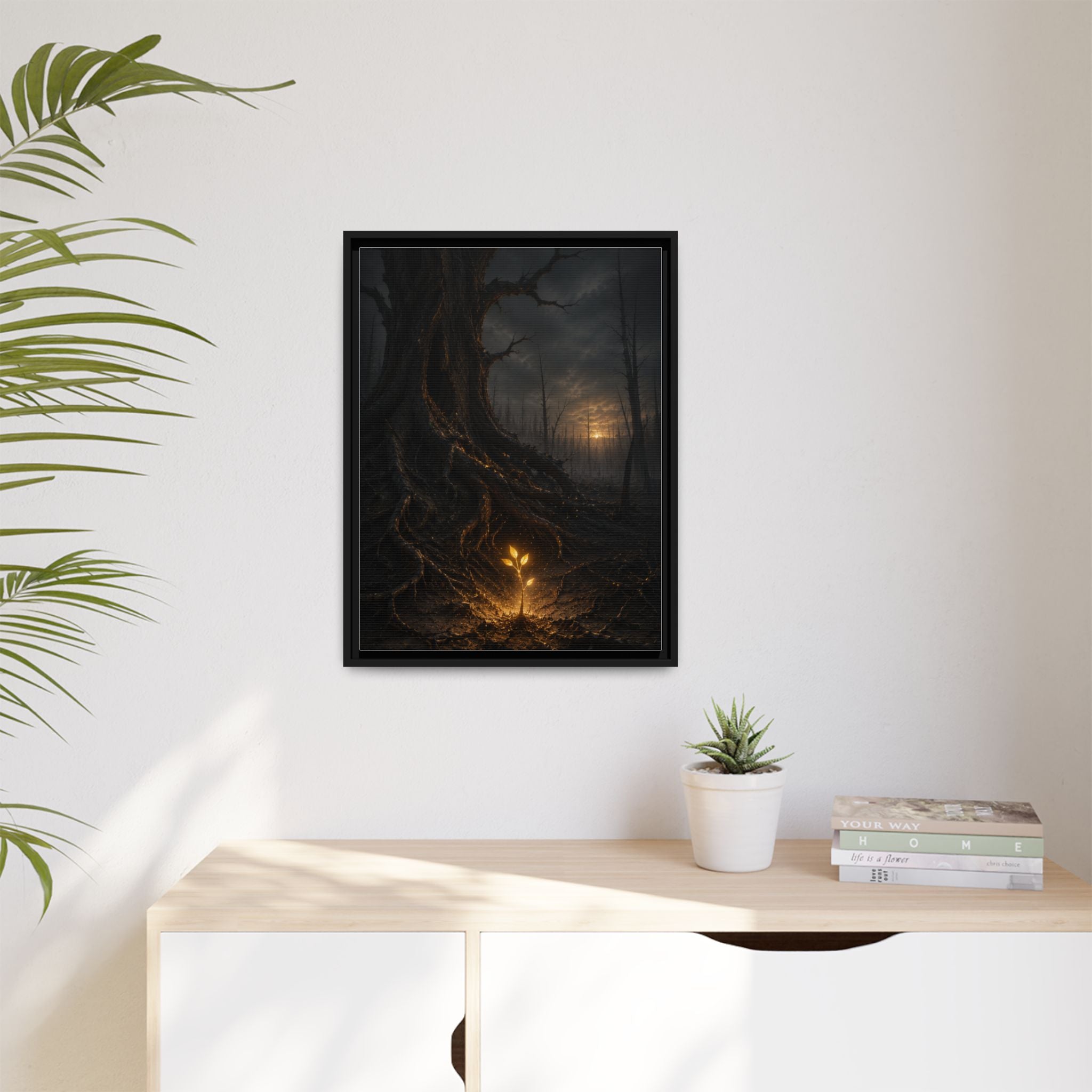 Framed Matte Canvas — Glow Sprout in Dark Forest (Ethereal Fantasy Wall Art)