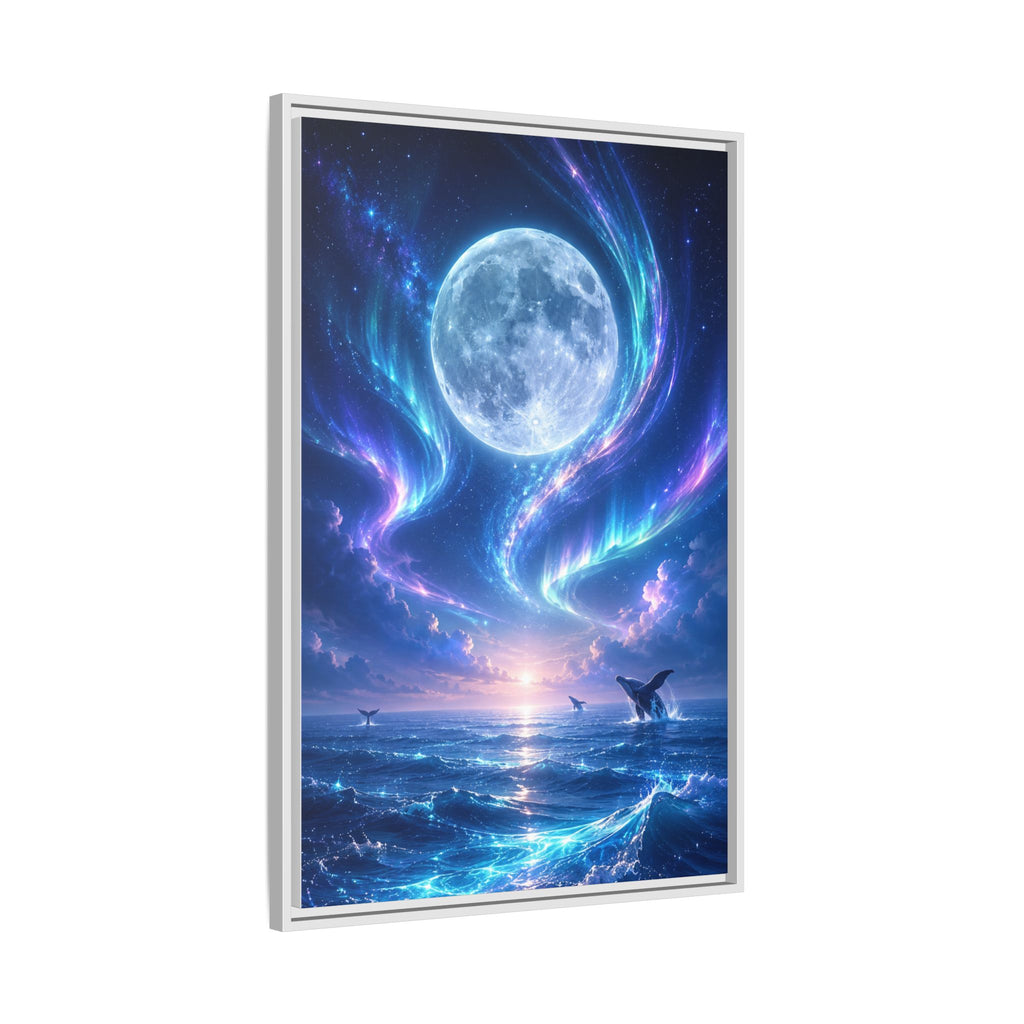 Framed Canvas Art - Lunar Aurora Ocean Scene