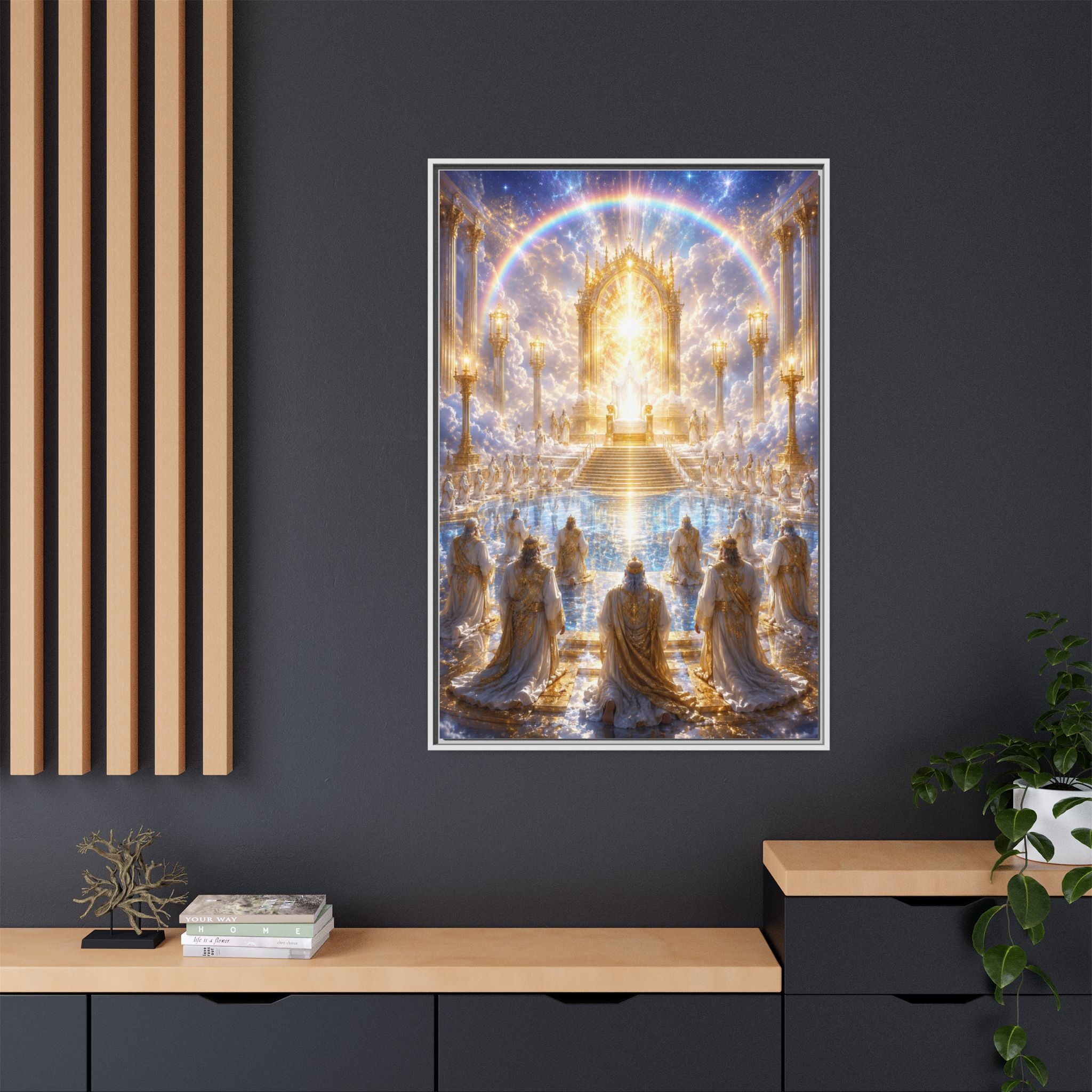 Heavenly Throne Room Matte Framed Canvas — Golden Angelic Realm Wall Art