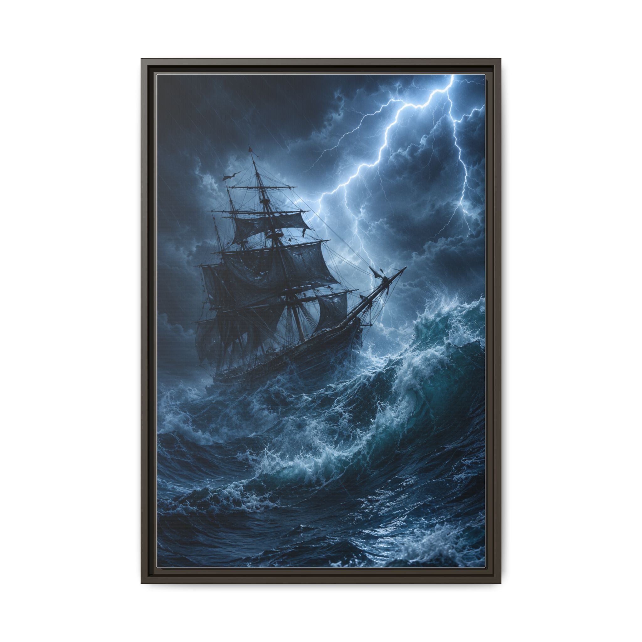 Stormy Seas Ship Painting — Framed Matte Canvas Wall Art