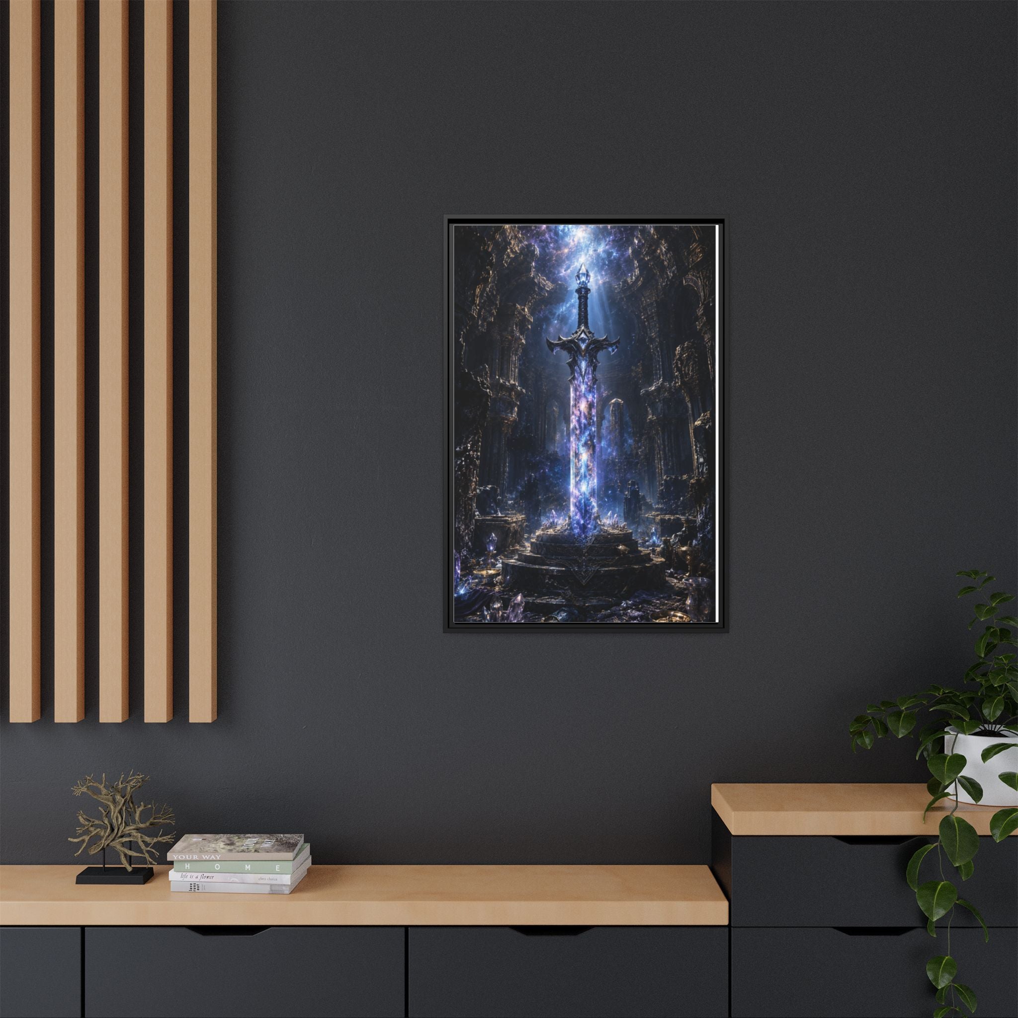Framed Fantasy Sword Canvas — Mystical Glowing Blade Wall Art