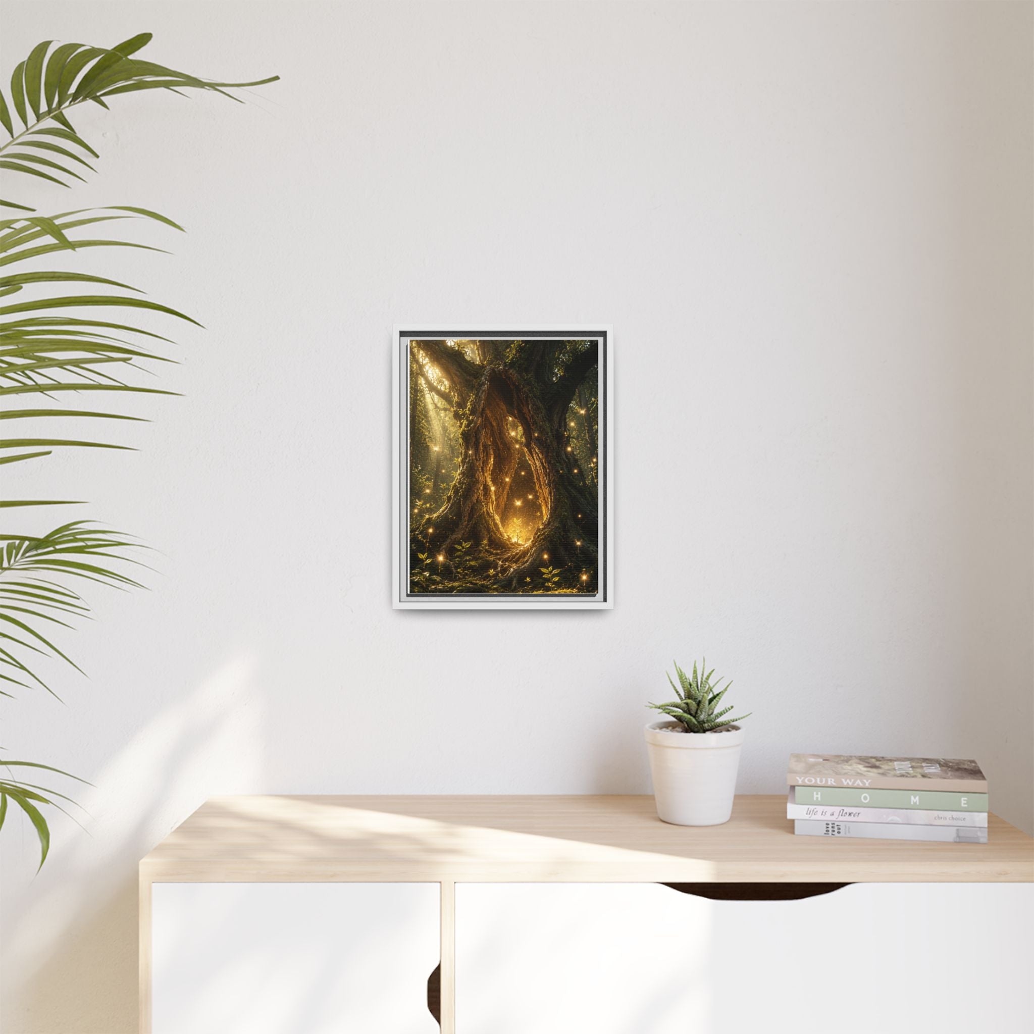 Framed Canvas Art - Enchanted Forest Tree with Glowing Fireflies