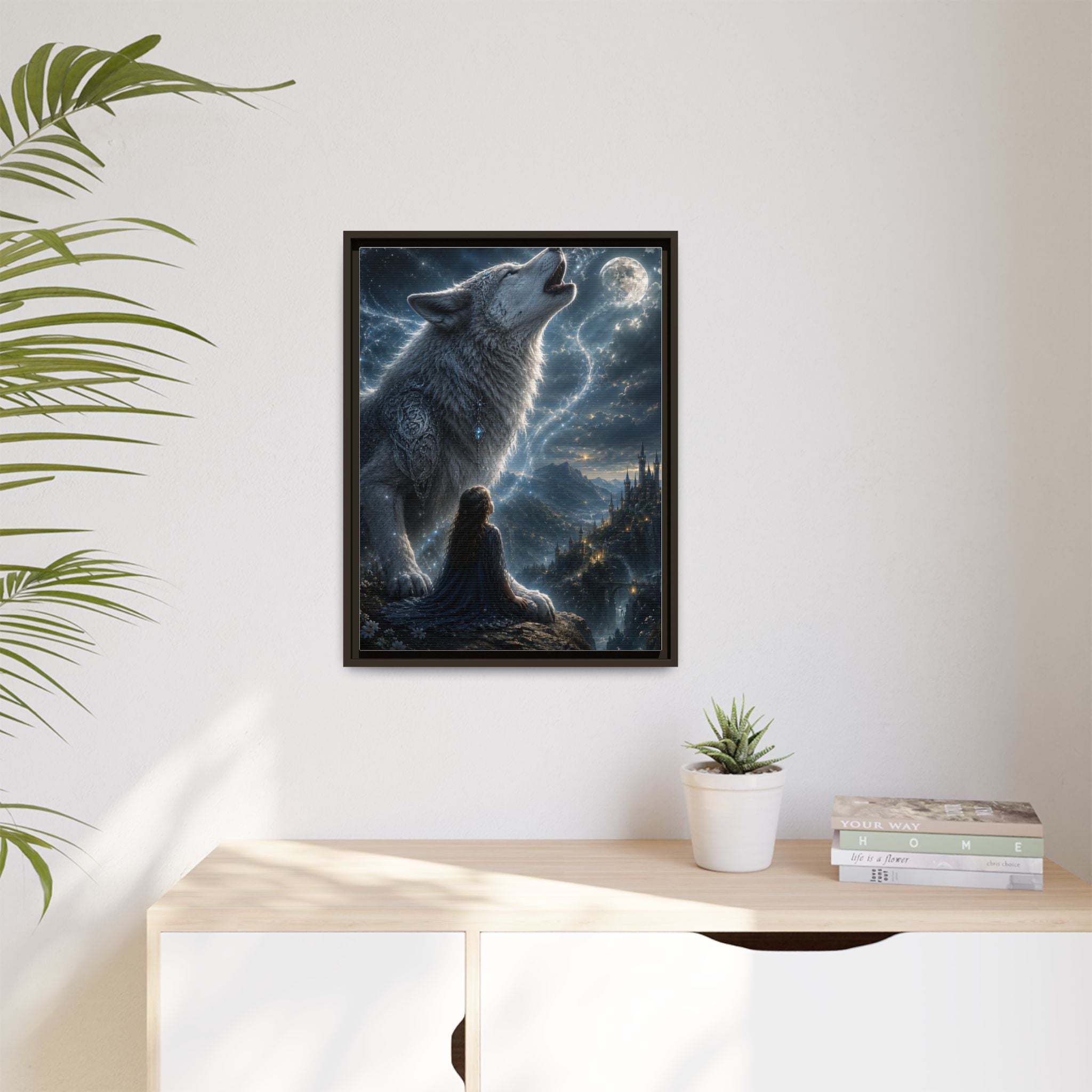 Howling Wolf Moon Matte Canvas Print — Framed Fantasy Wall Art
