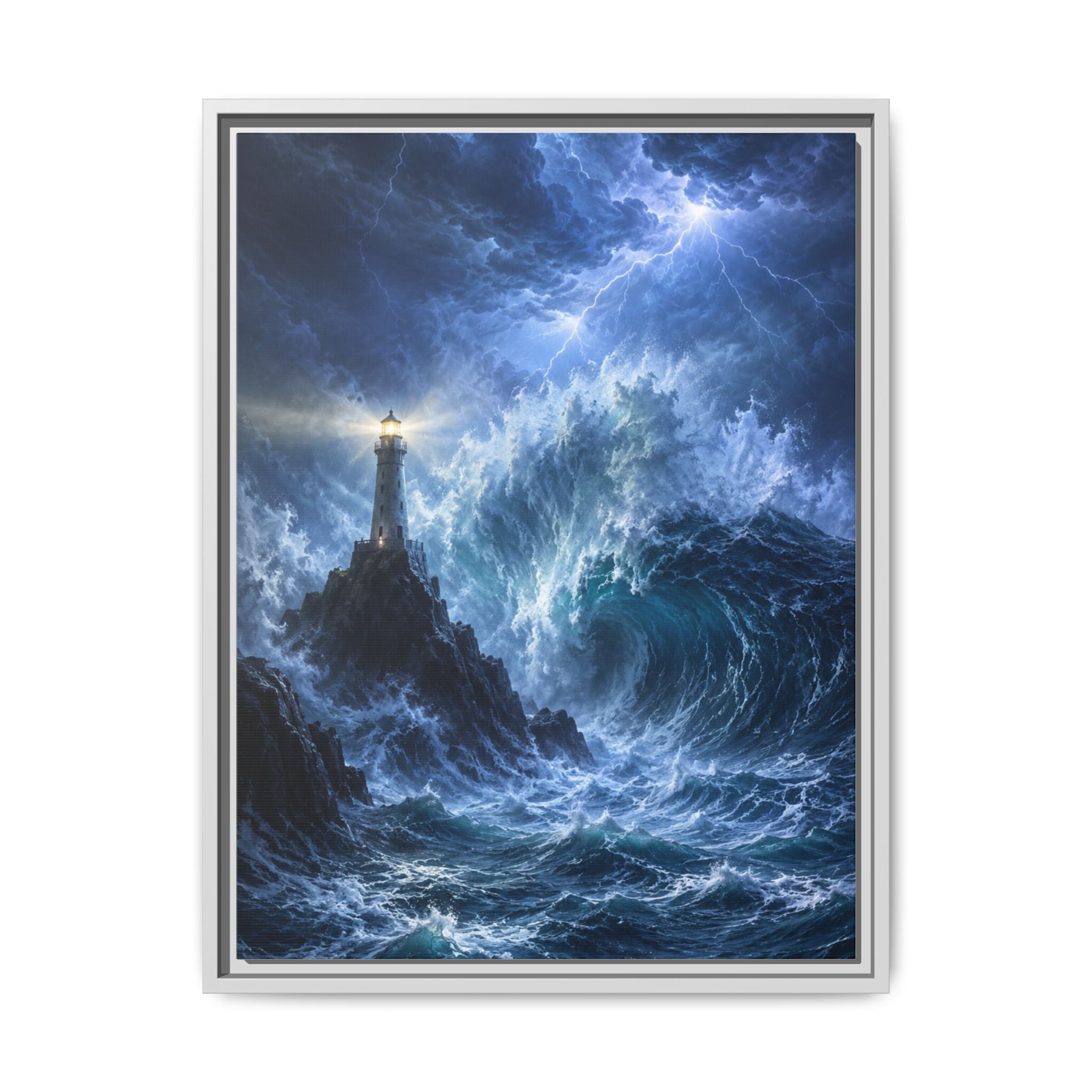 Framed Matte Canvas – Stormy Lighthouse Ocean Print